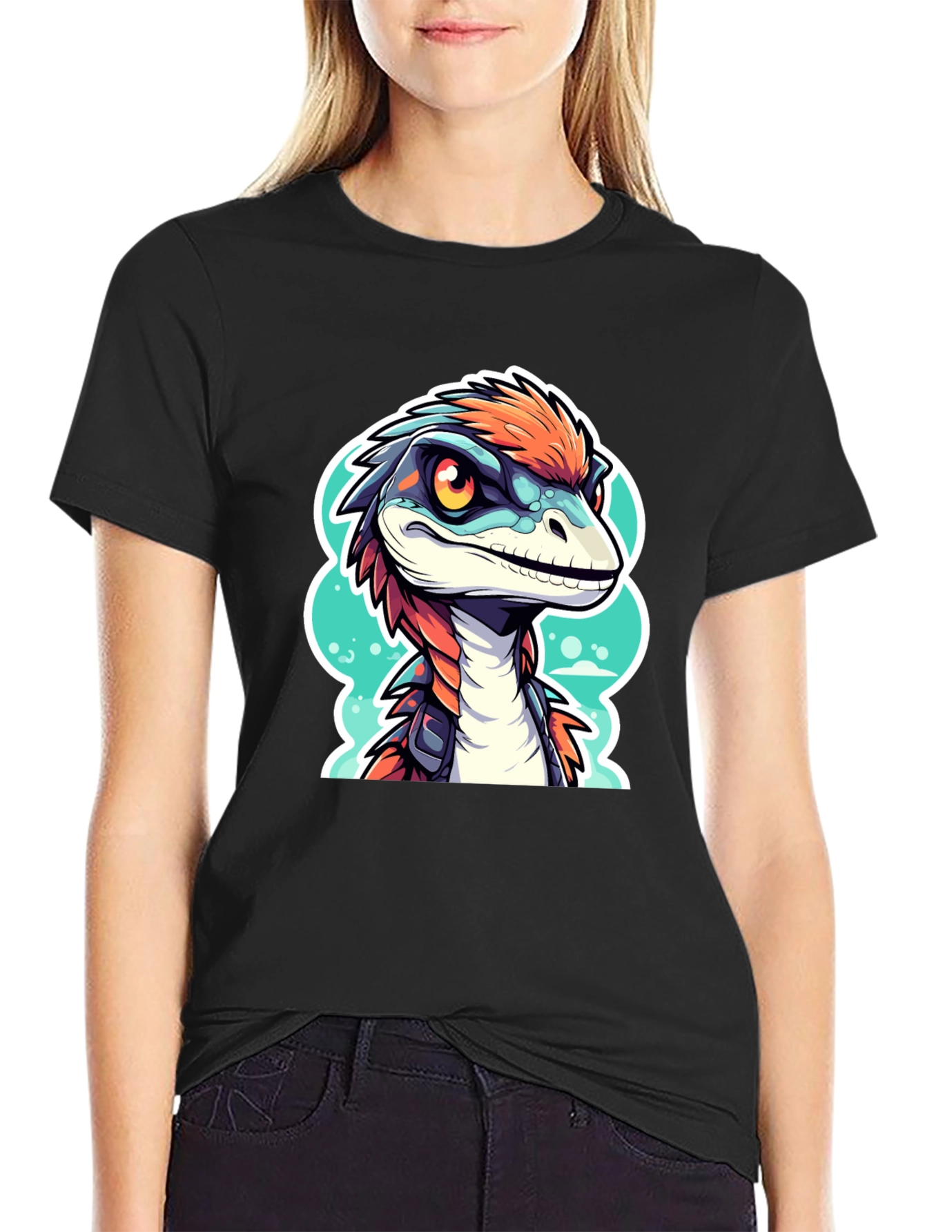 Black Dino Raptor Graphic Tee - Cool Cartoon Animal Shirt view 2