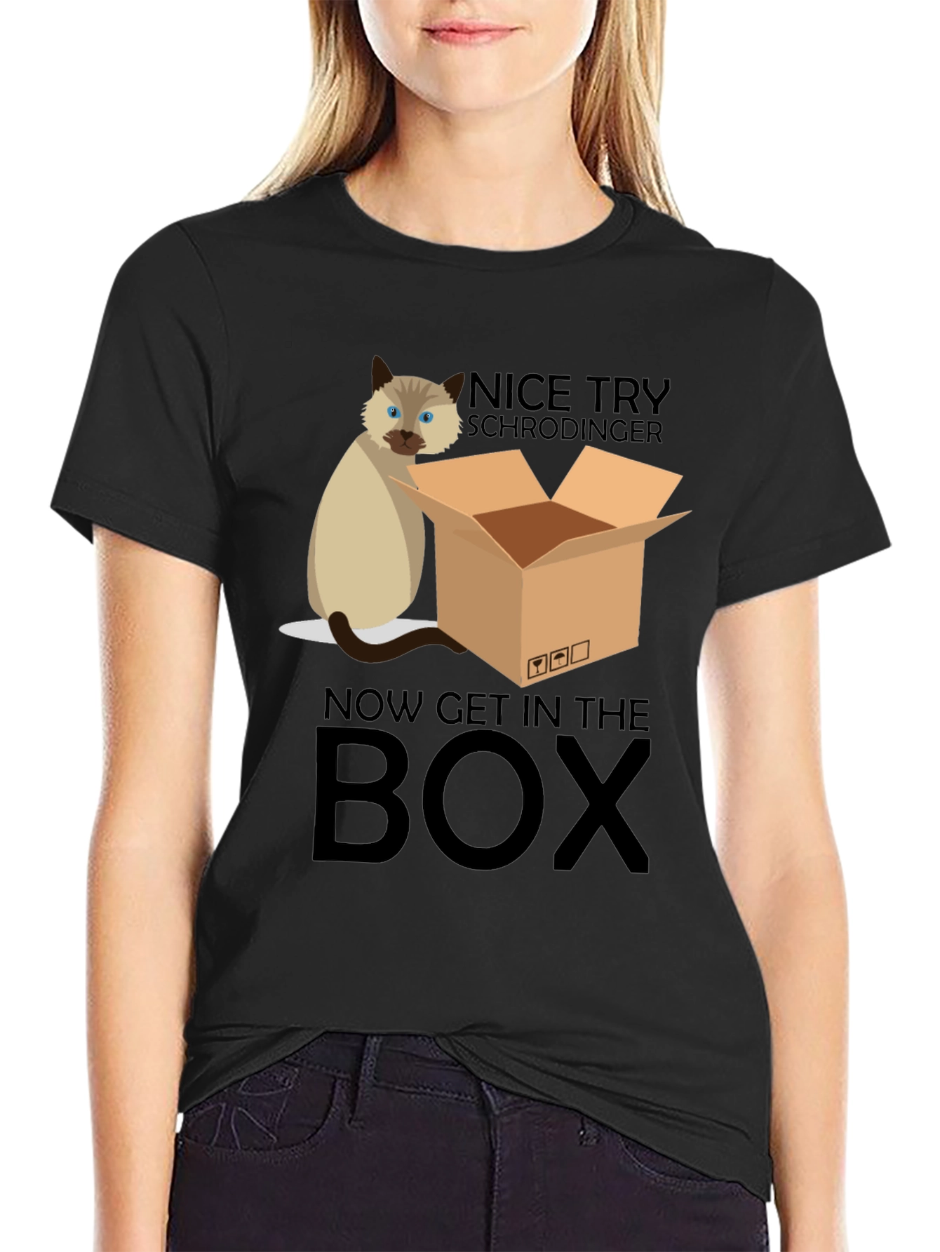 Black Schrödinger Cat T-Shirt: Now Get In The Box view 2