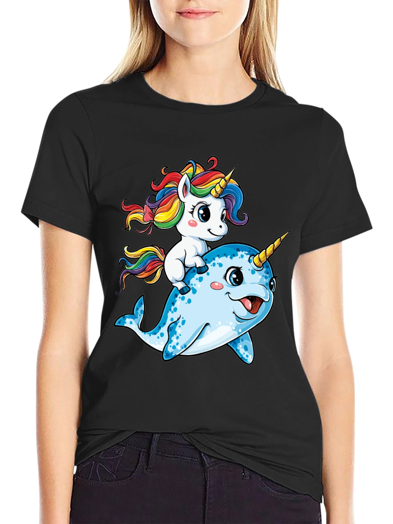 Black Unicorn Riding Narwhal T-Shirt view 2