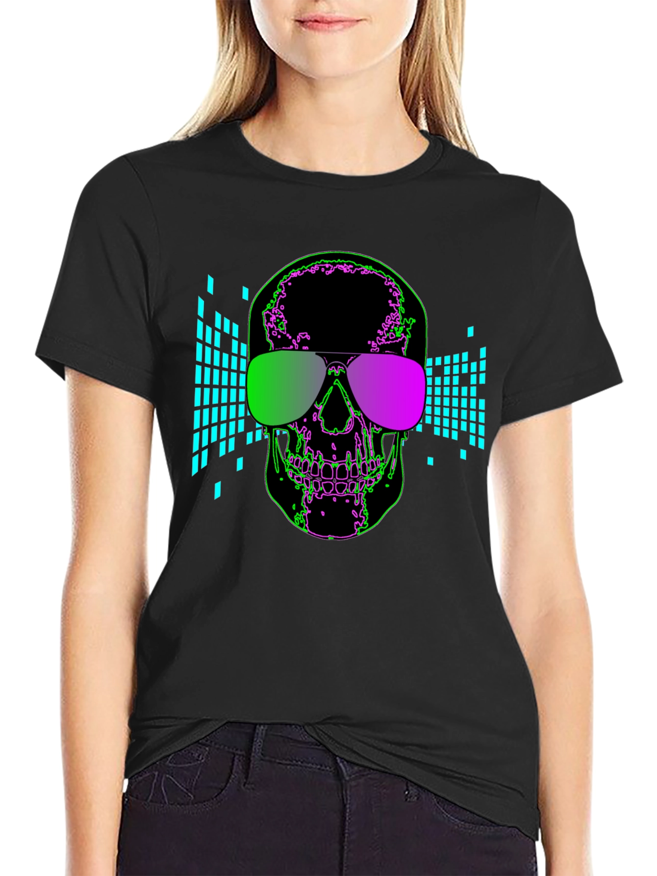 Black Skull Shades Graphic Tee - Cool Neon Design view 2