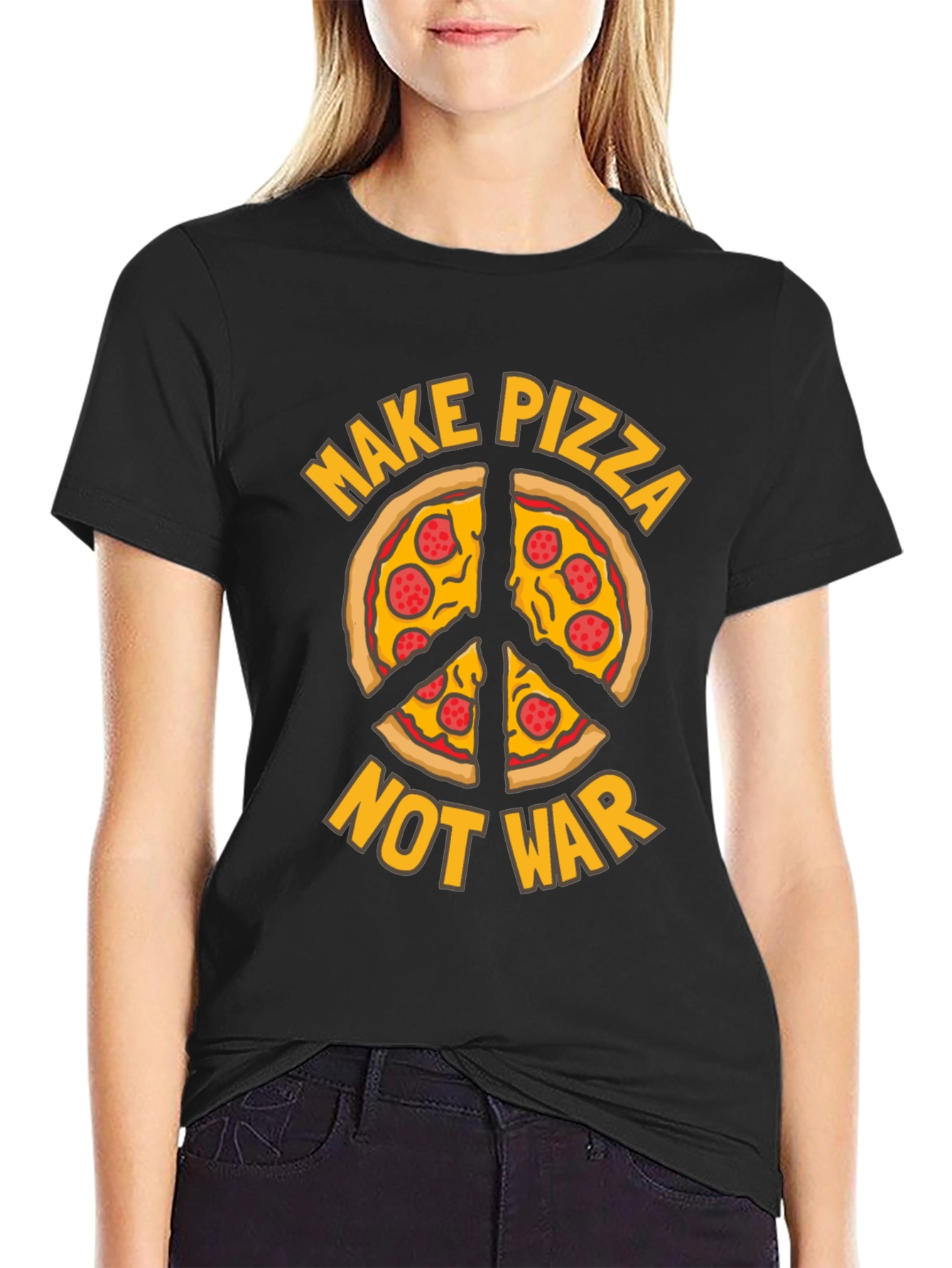 Black Make Pizza Not War T-Shirt Peace Sign Foodie Tee view 2
