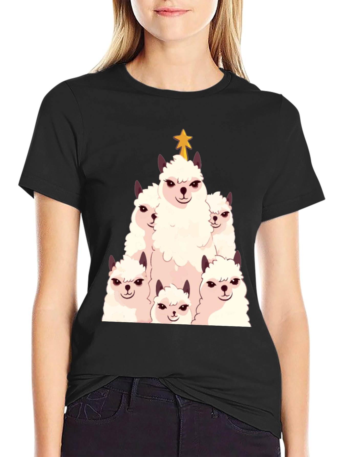 Black Llama Christmas Tree T-Shirt - Festive Holiday Apparel view 2