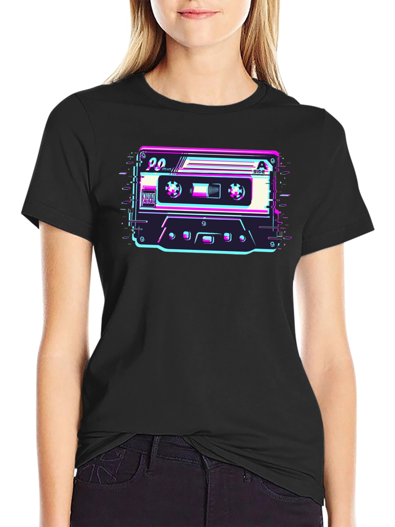 Black Retro Cassette Glitch T-Shirt - Classic 90's Style view 2