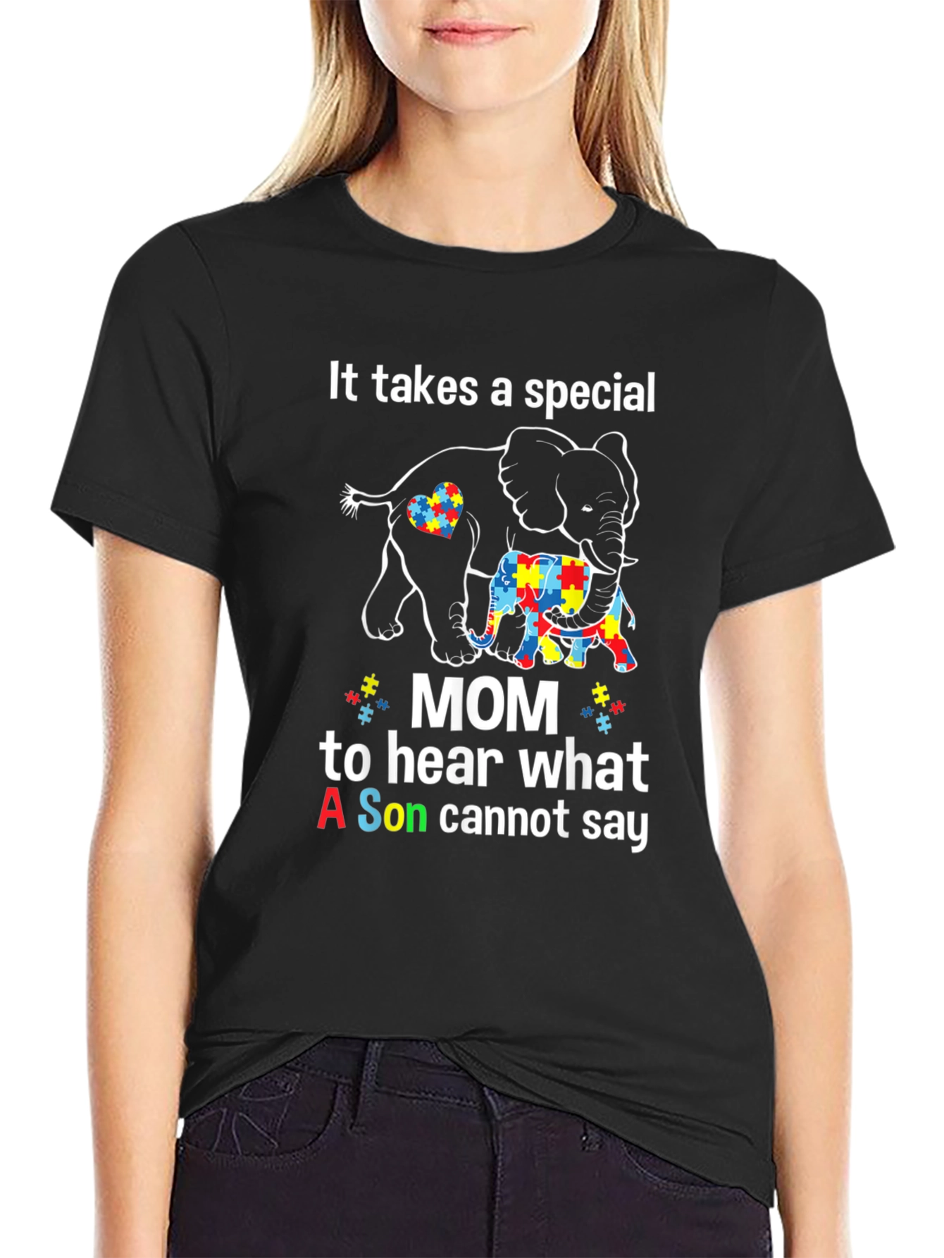 Black Autism Awareness T-Shirt: Special Mom Elephant Design view 2