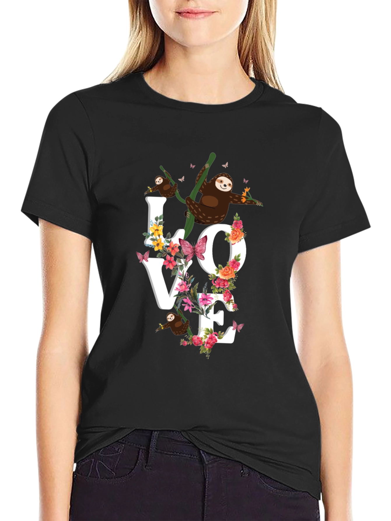 Black Sloth Love Floral Graphic T-Shirt view 2