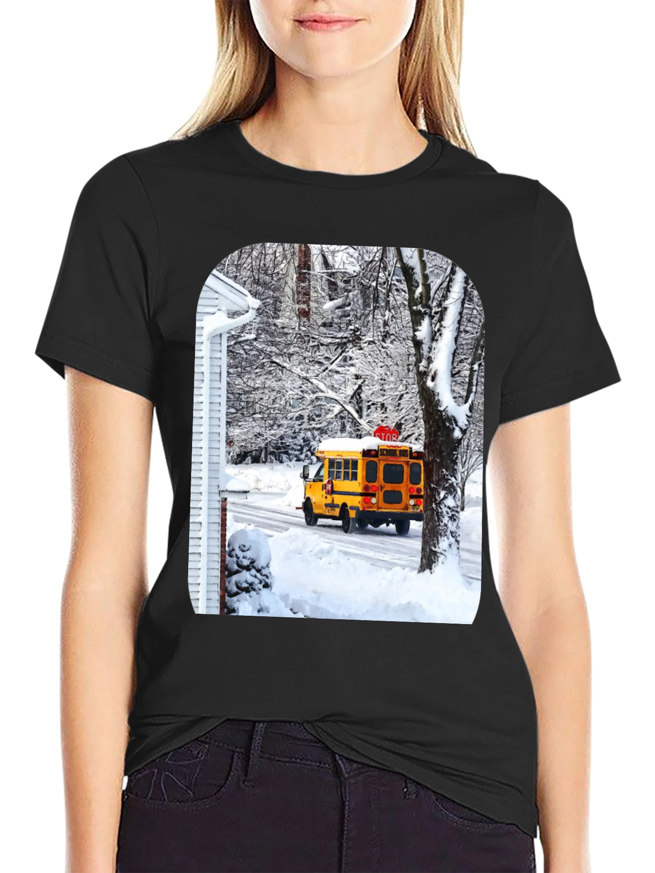 Black Winter School Bus T-Shirt view 2