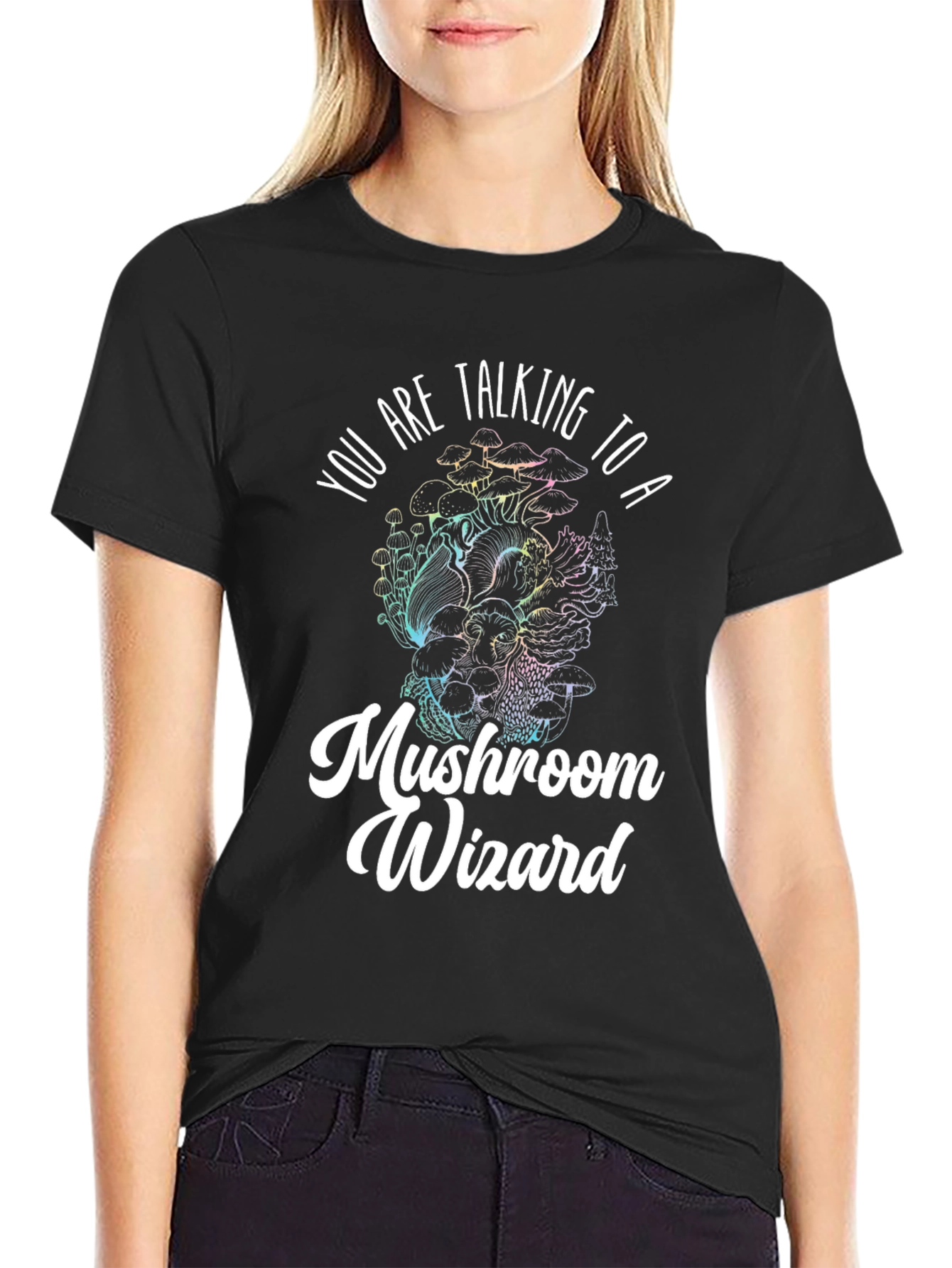 Black Mushroom Wizard Graphic Tee - Black Novelty T-Shirt view 2