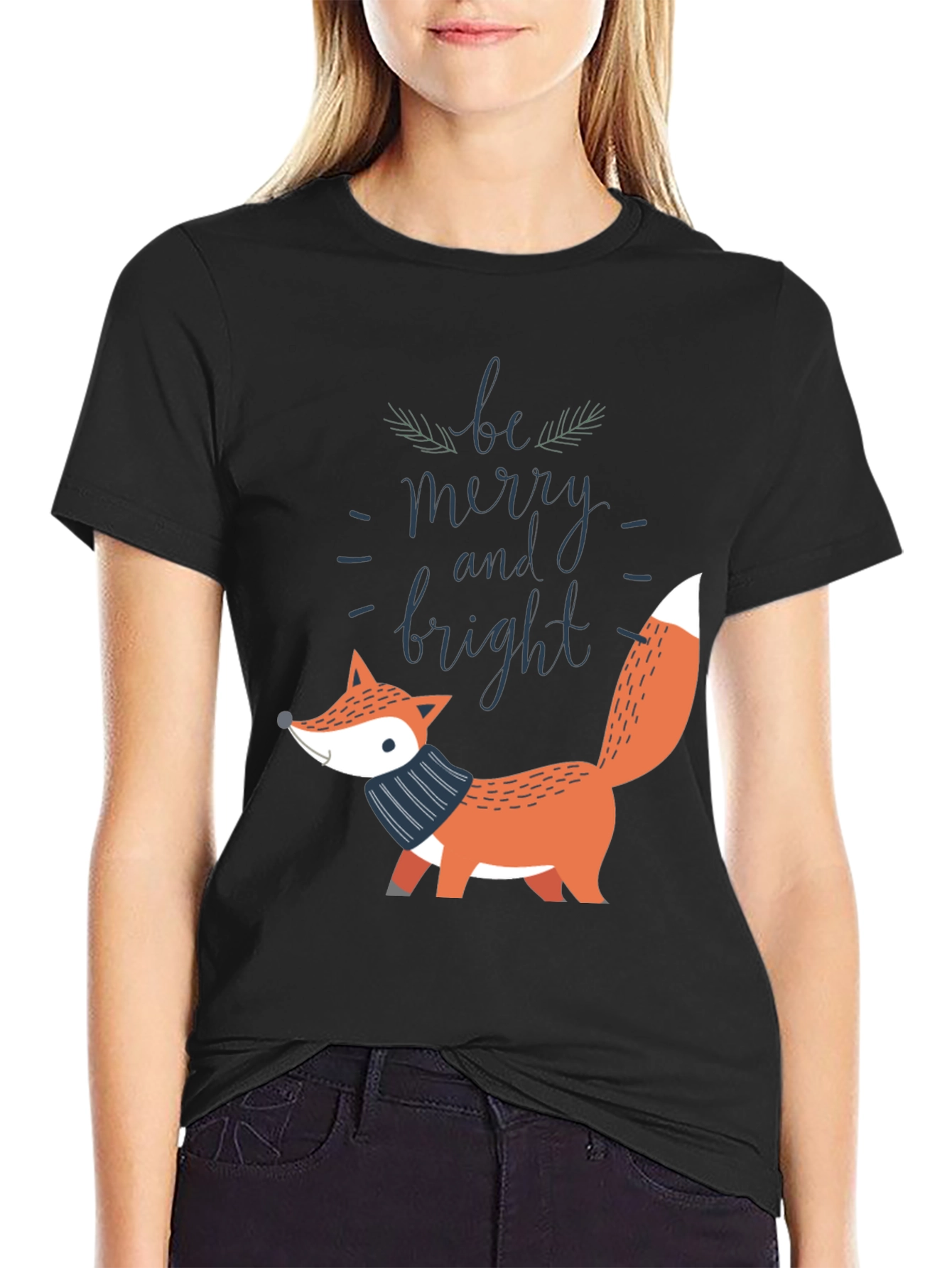 Black Be Merry and Bright Fox Graphic Tee view 2