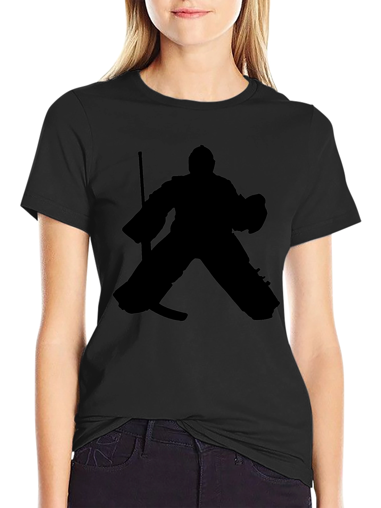 Black Hockey Goalie Silhouette Graphic Tee - Black Cotton T-Shirt view 2