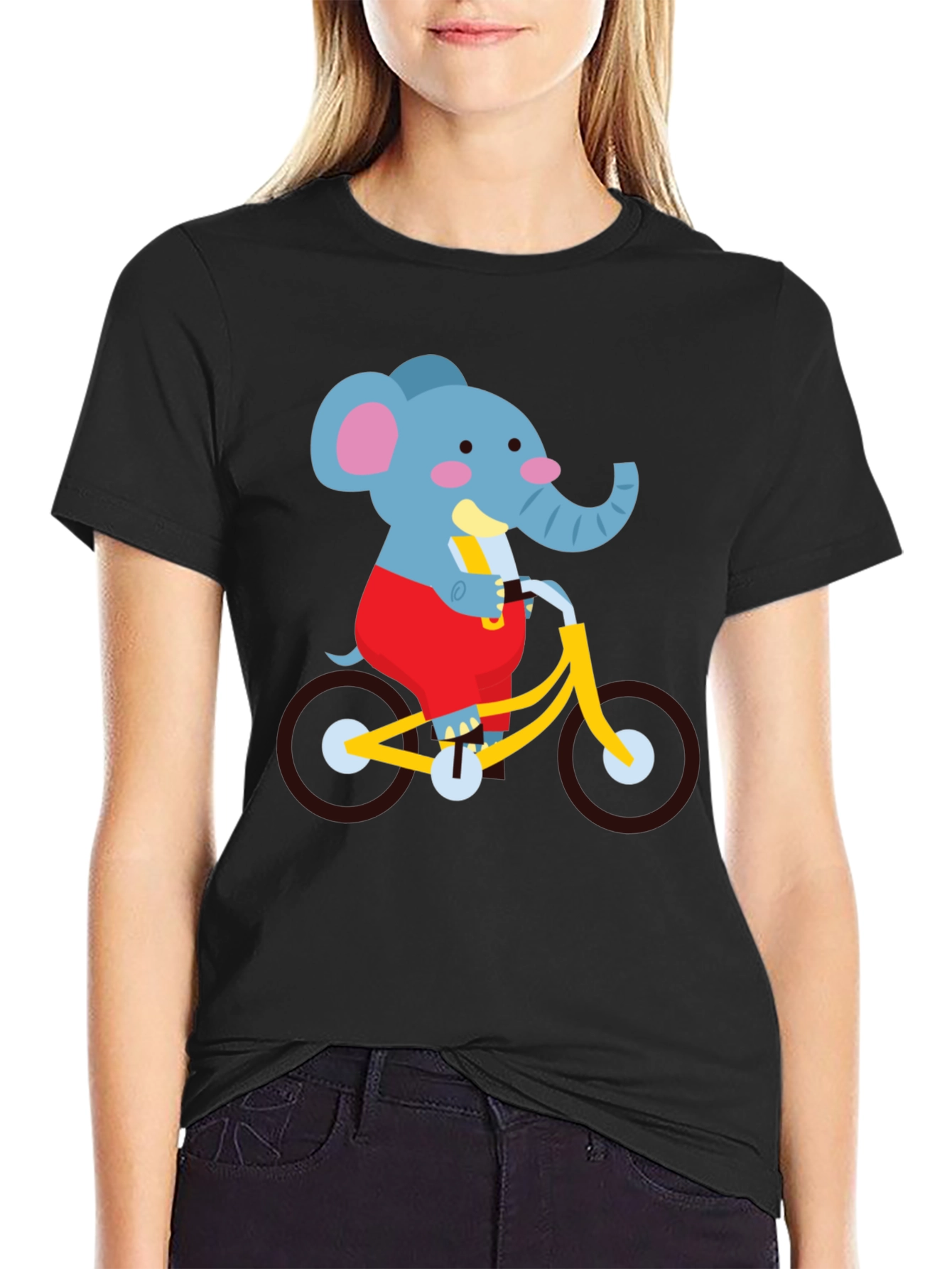 Black Elephant on Bike Graphic Tee - Fun Cartoon Shirt view 2