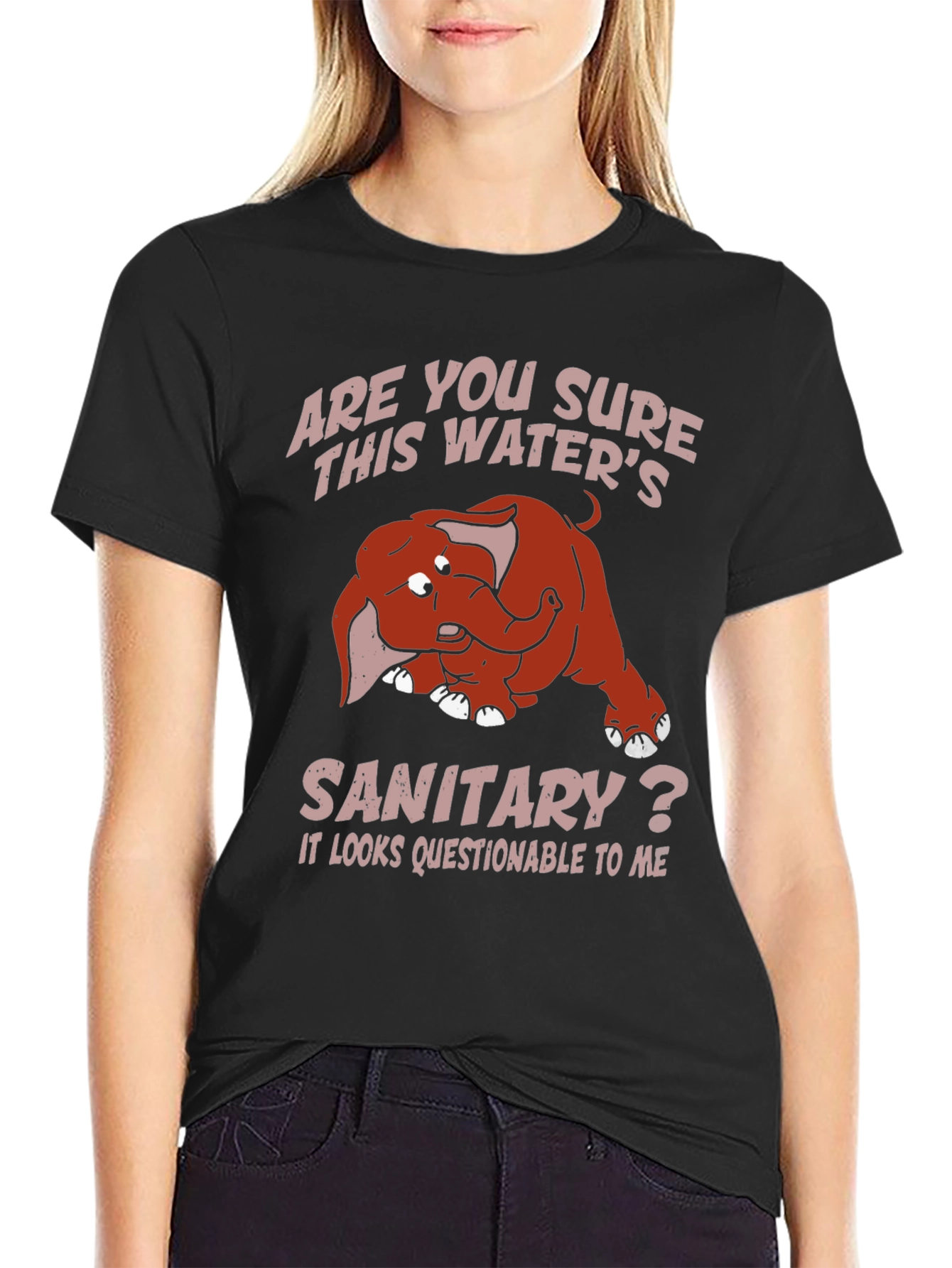 Black Humorous Elephant T-Shirt: Sanitary Water? view 2