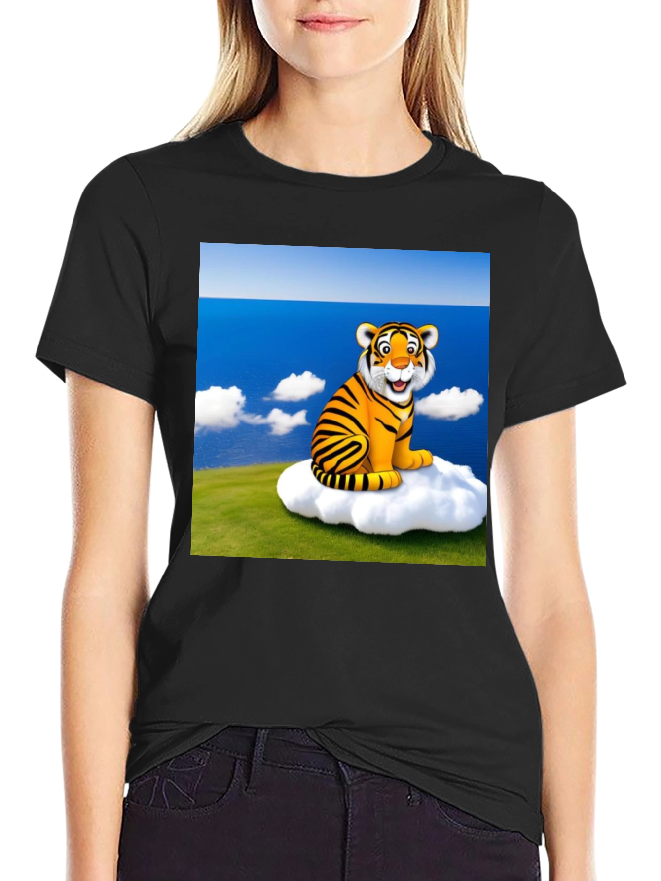 Black Cartoon Tiger on Cloud Black T-Shirt view 2