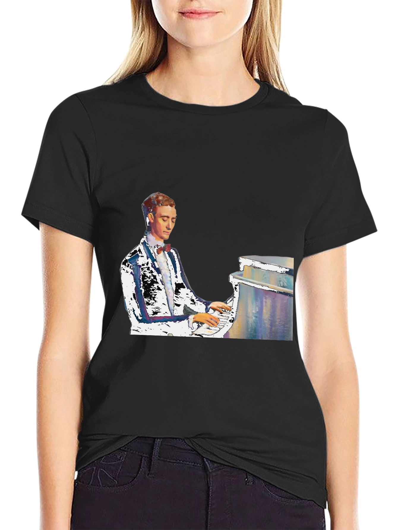 Black Piano Man Graphic Tee - Black Cotton T-Shirt view 2