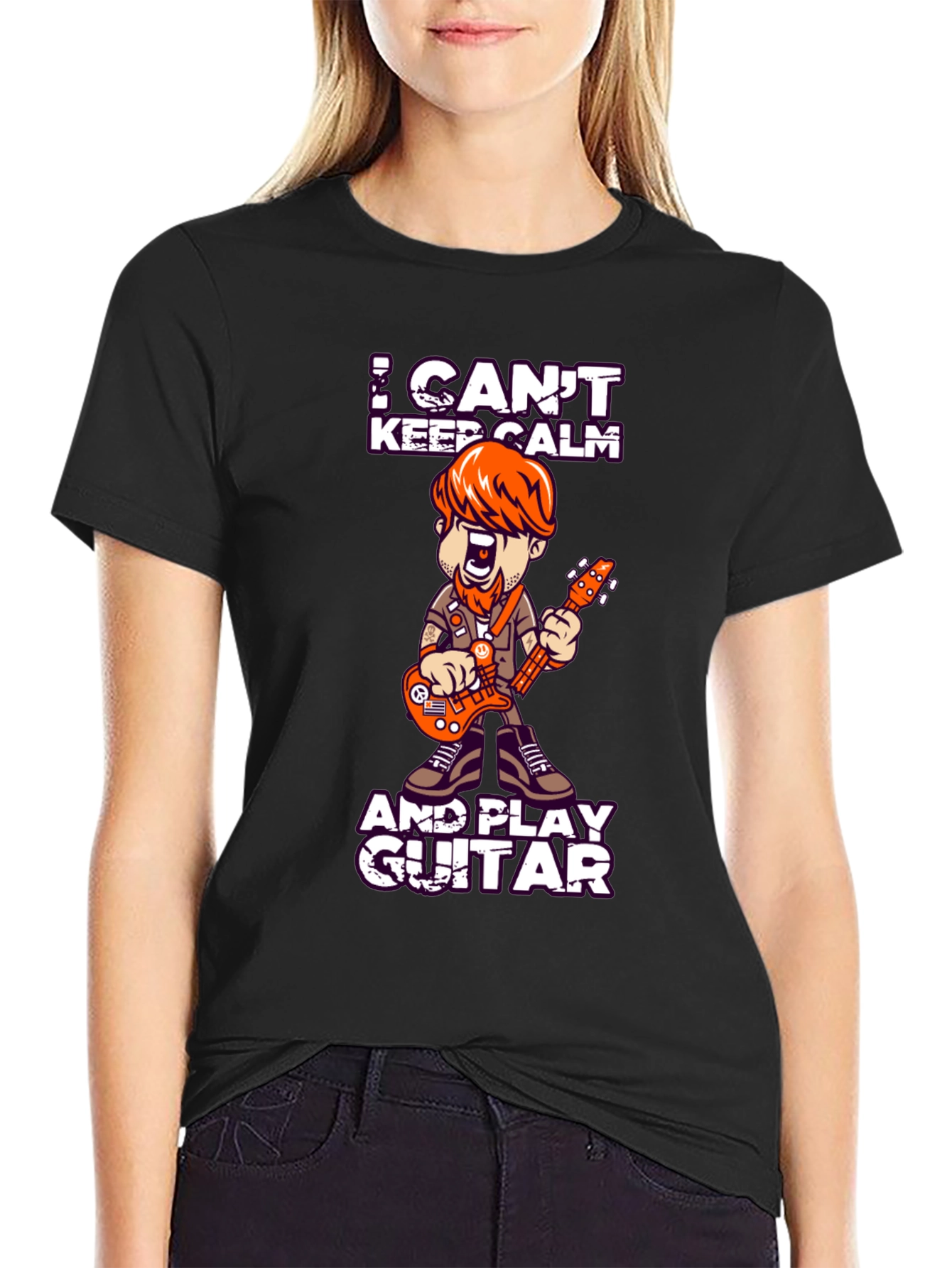 Black I Can't Keep Calm and Play Guitar T-Shirt view 2