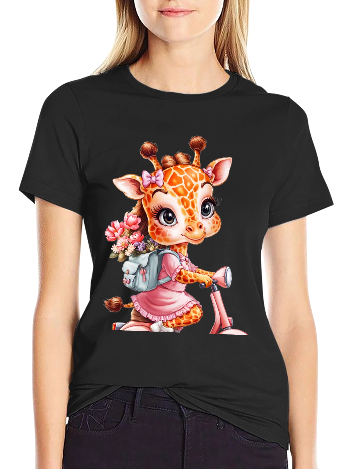 Black Giraffe on Scooter Graphic Tee - Cute Animal T-Shirt view 2
