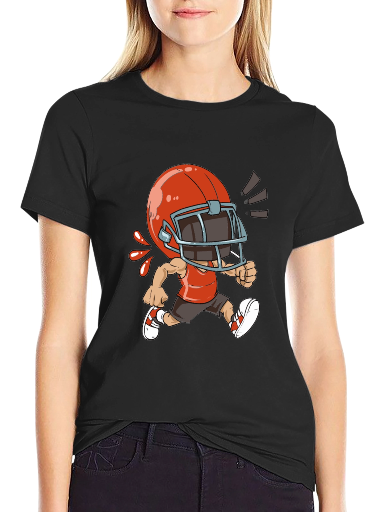 Black Cartoon Football Player Black T-Shirt view 2