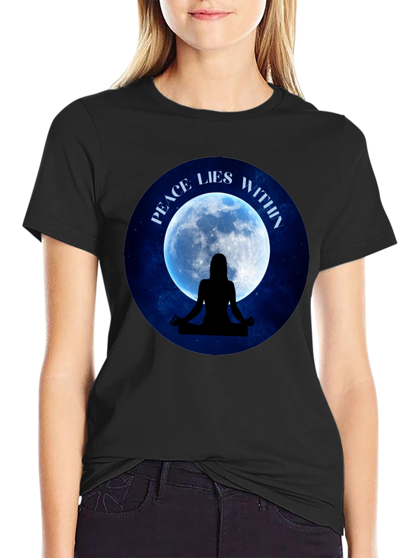 Black Peace Within T-Shirt - Meditating Silhouette Moon Graphic Tee view 2