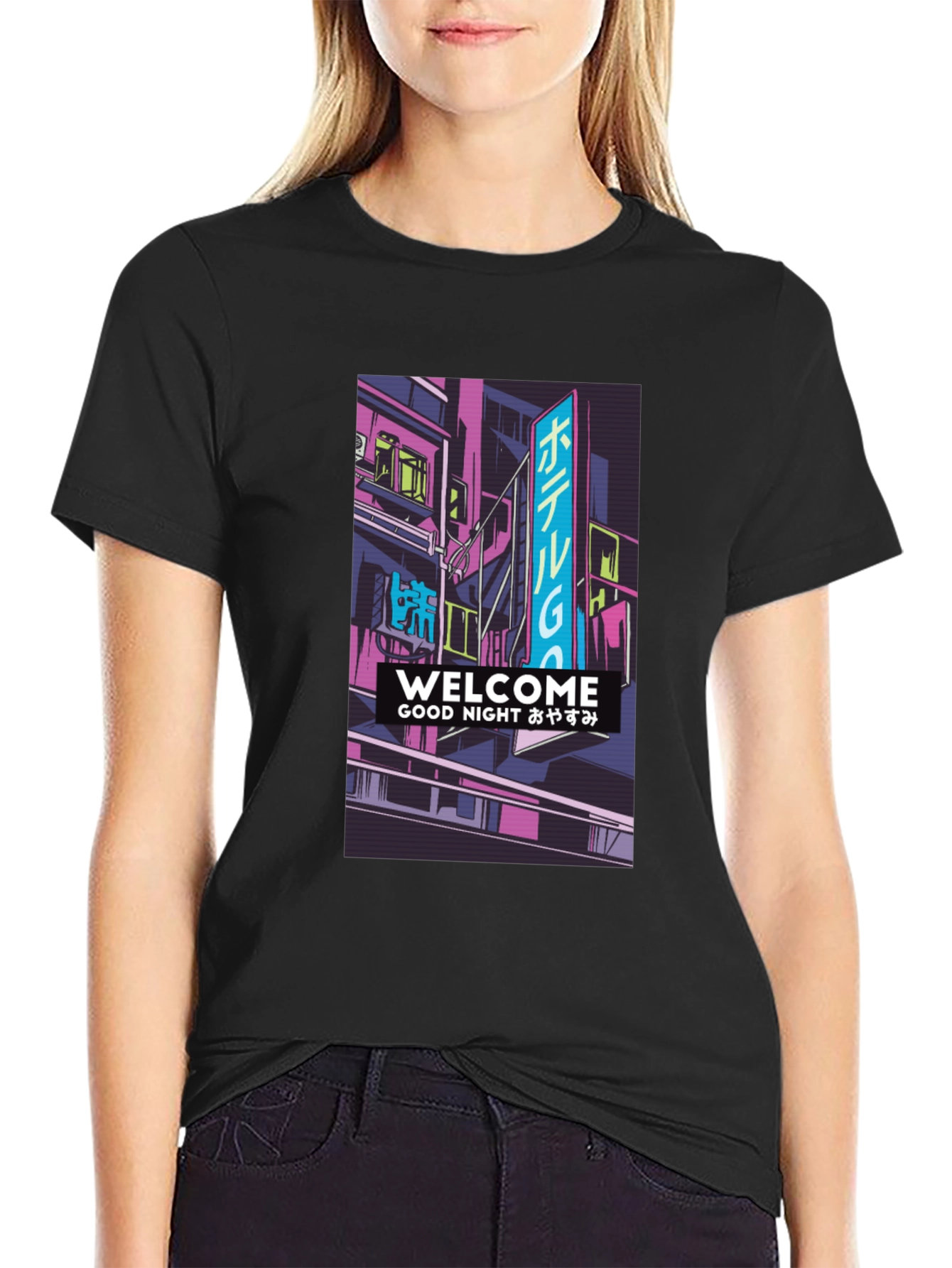Black Neon Cityscape Graphic T-Shirt view 2