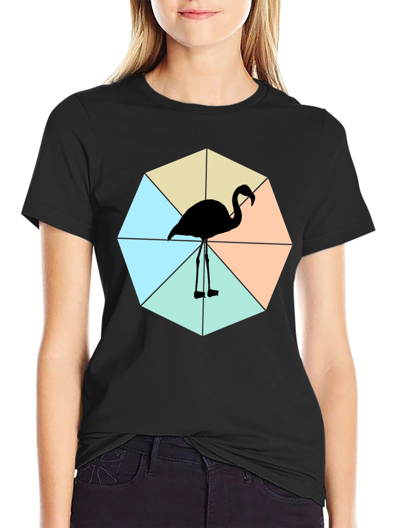 Black Trendy Flamingo Graphic Tee - Casual Black Shirt view 2