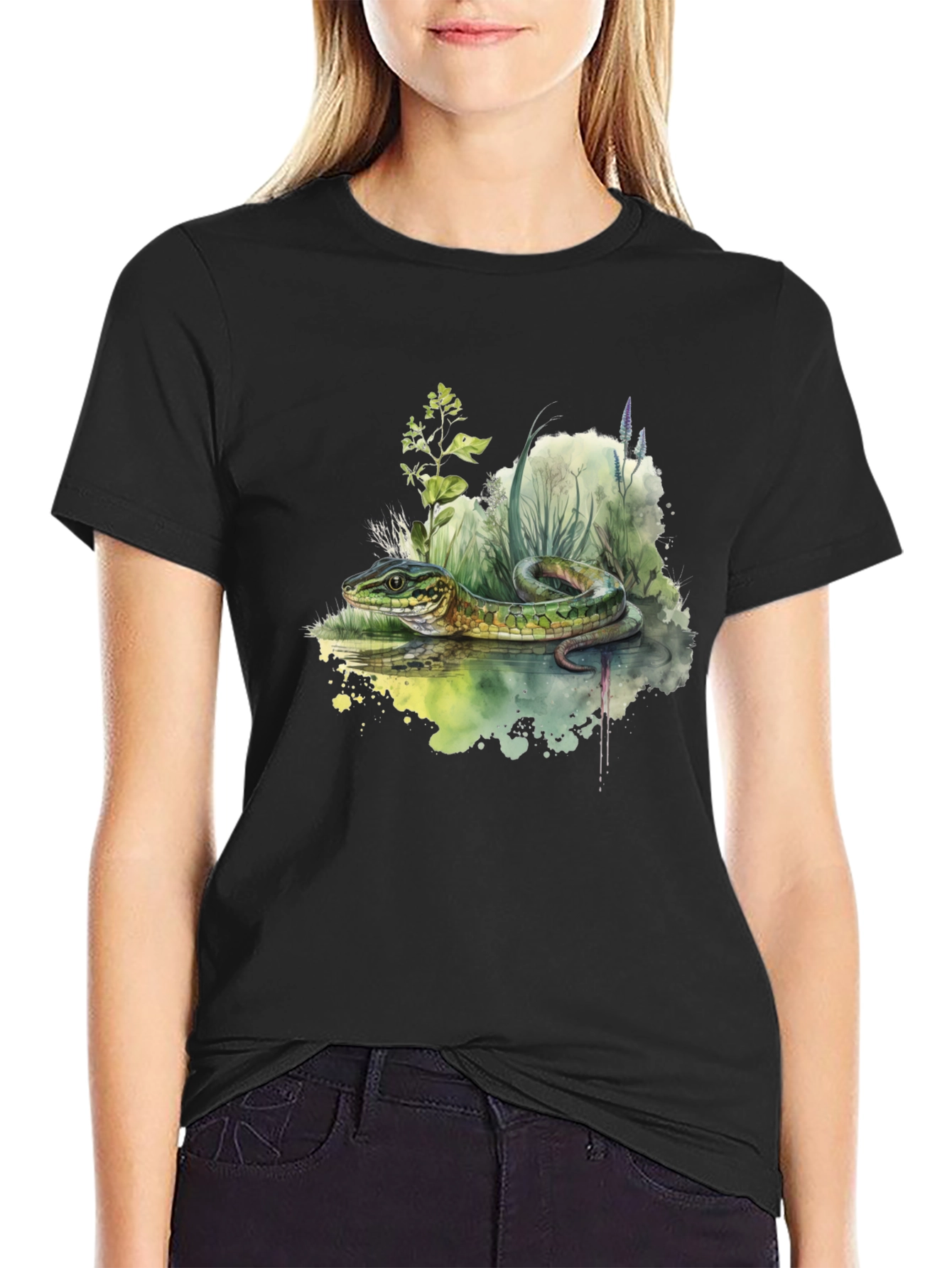 Black Snake Watercolor T-Shirt - Nature Inspired view 2