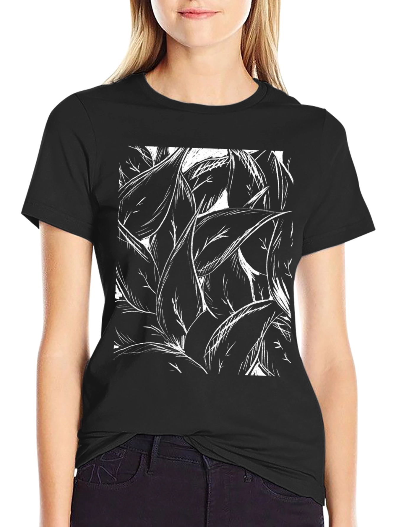Black Abstract Leaf Print Black T-Shirt view 2