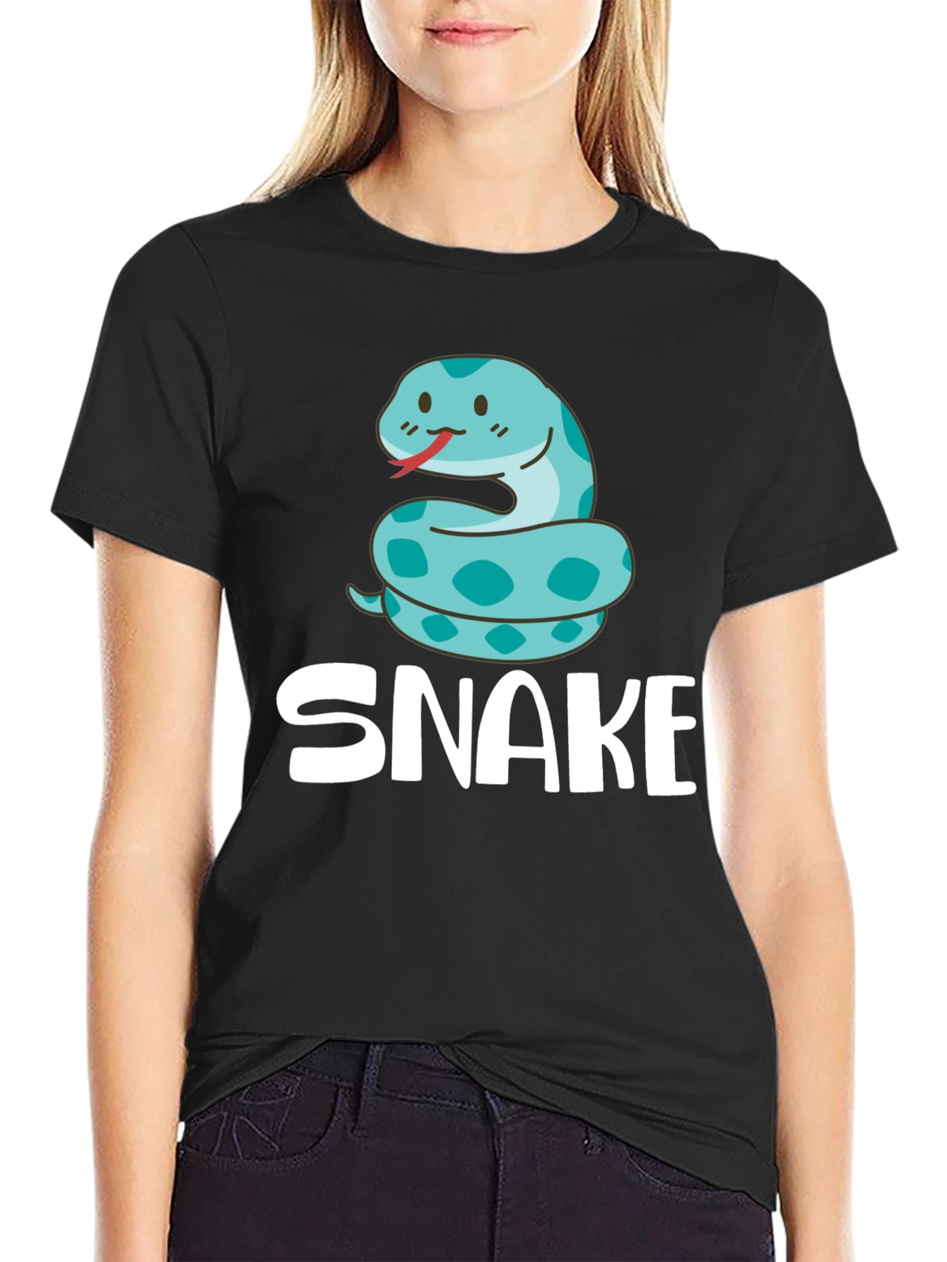 Black Cute Cartoon Snake T-Shirt - Black view 2