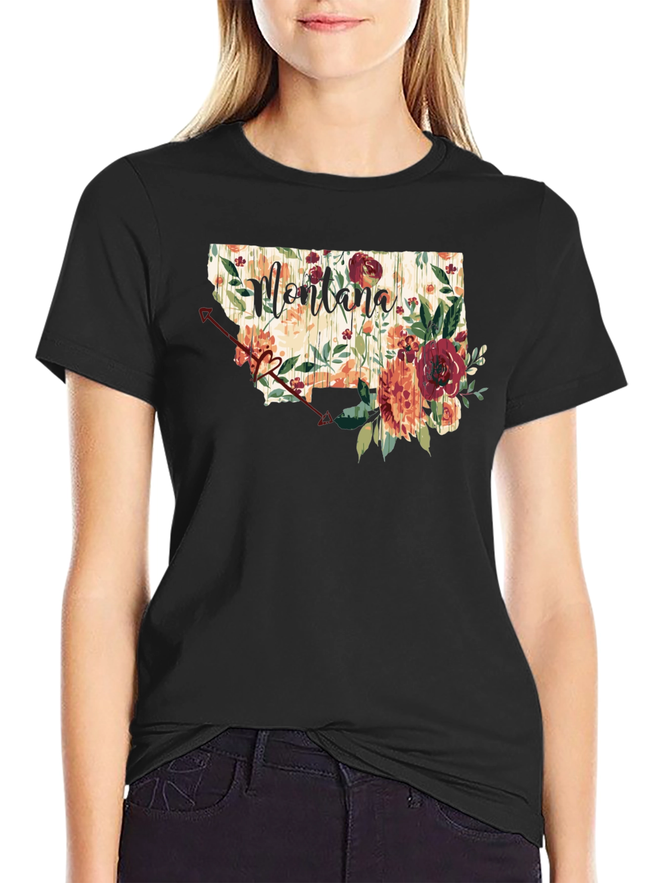 Black Floral Montana State T-Shirt view 2