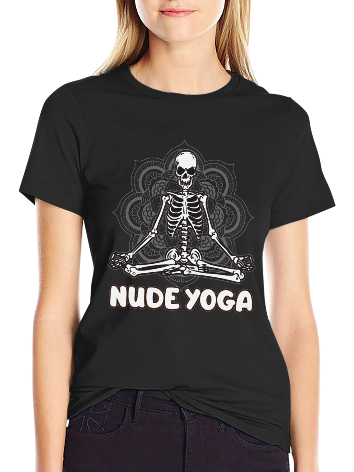 Black Nude Yoga Skeleton T-Shirt - Relaxed Meditation Tee view 2
