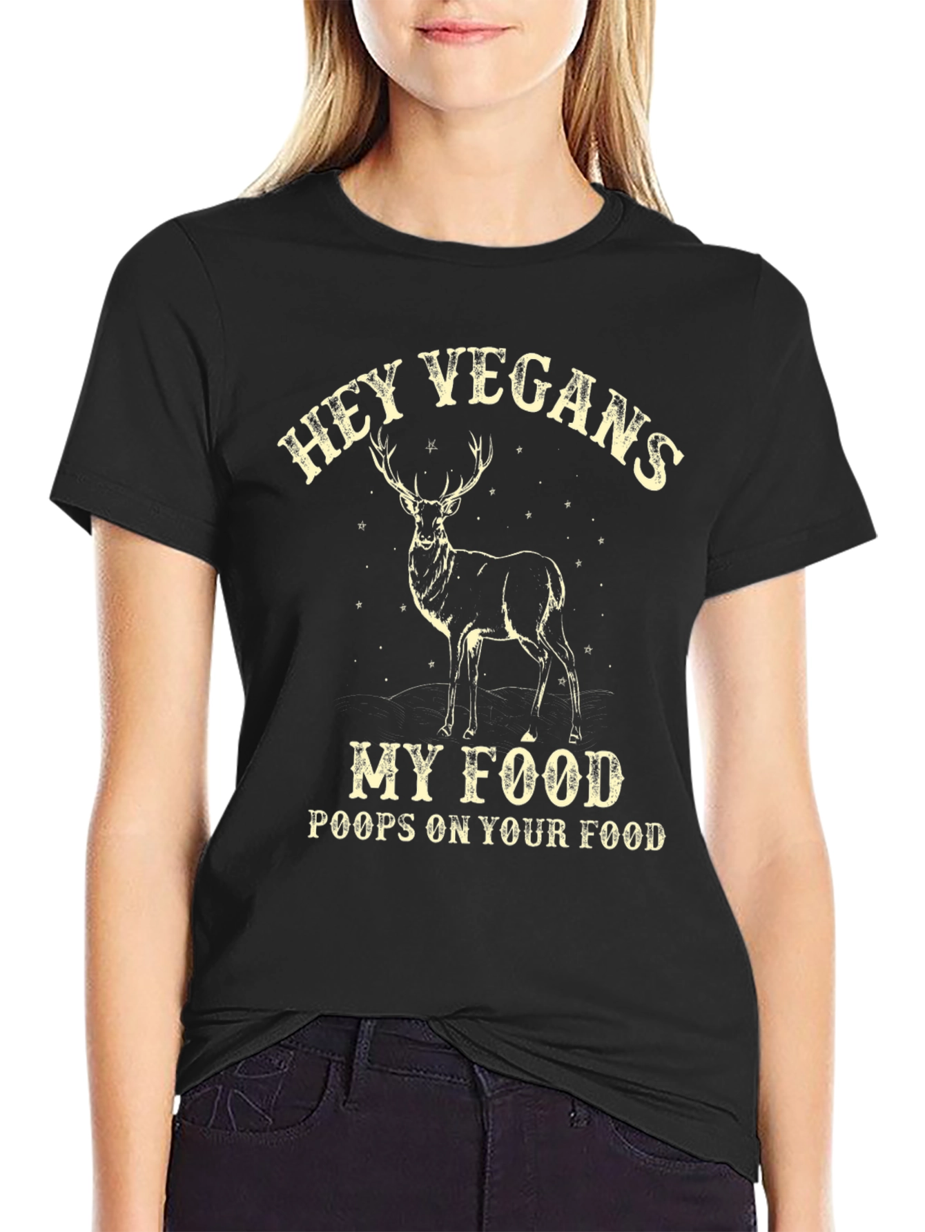 Black Hey Vegans T-Shirt - Deer 'Poops on Your Food' Black Cotton Tee view 2