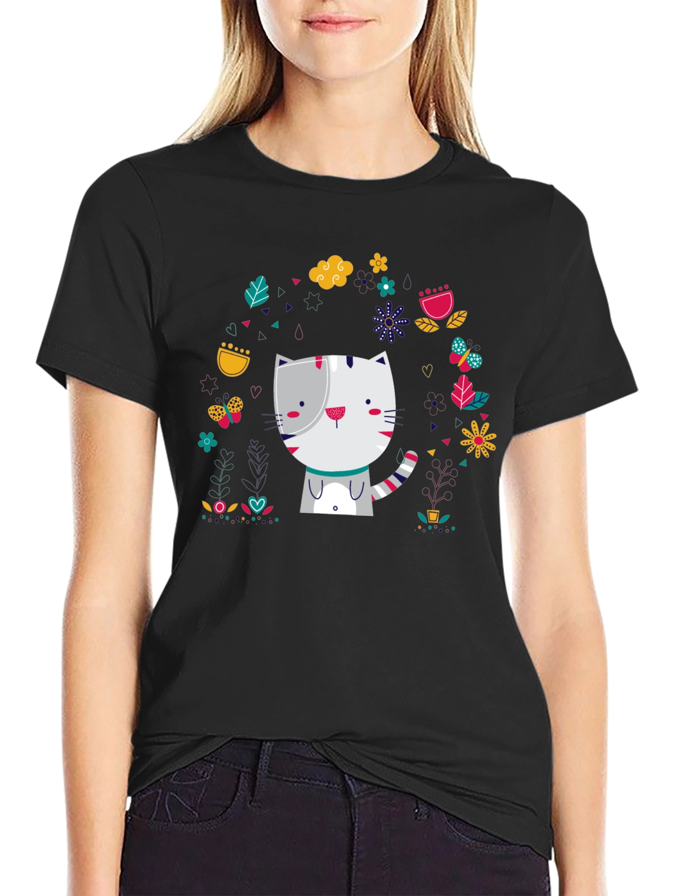 Black Cute Cat Floral Design Black T-Shirt view 2