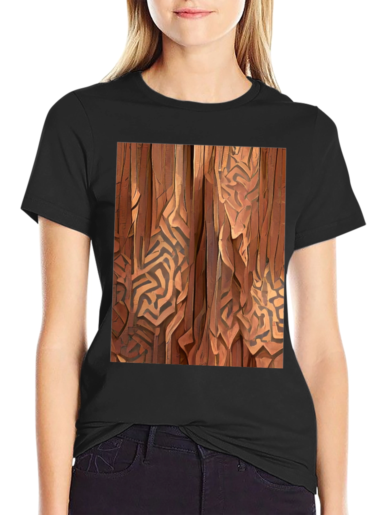 Black Abstract Wood Pattern Black T-Shirt view 2