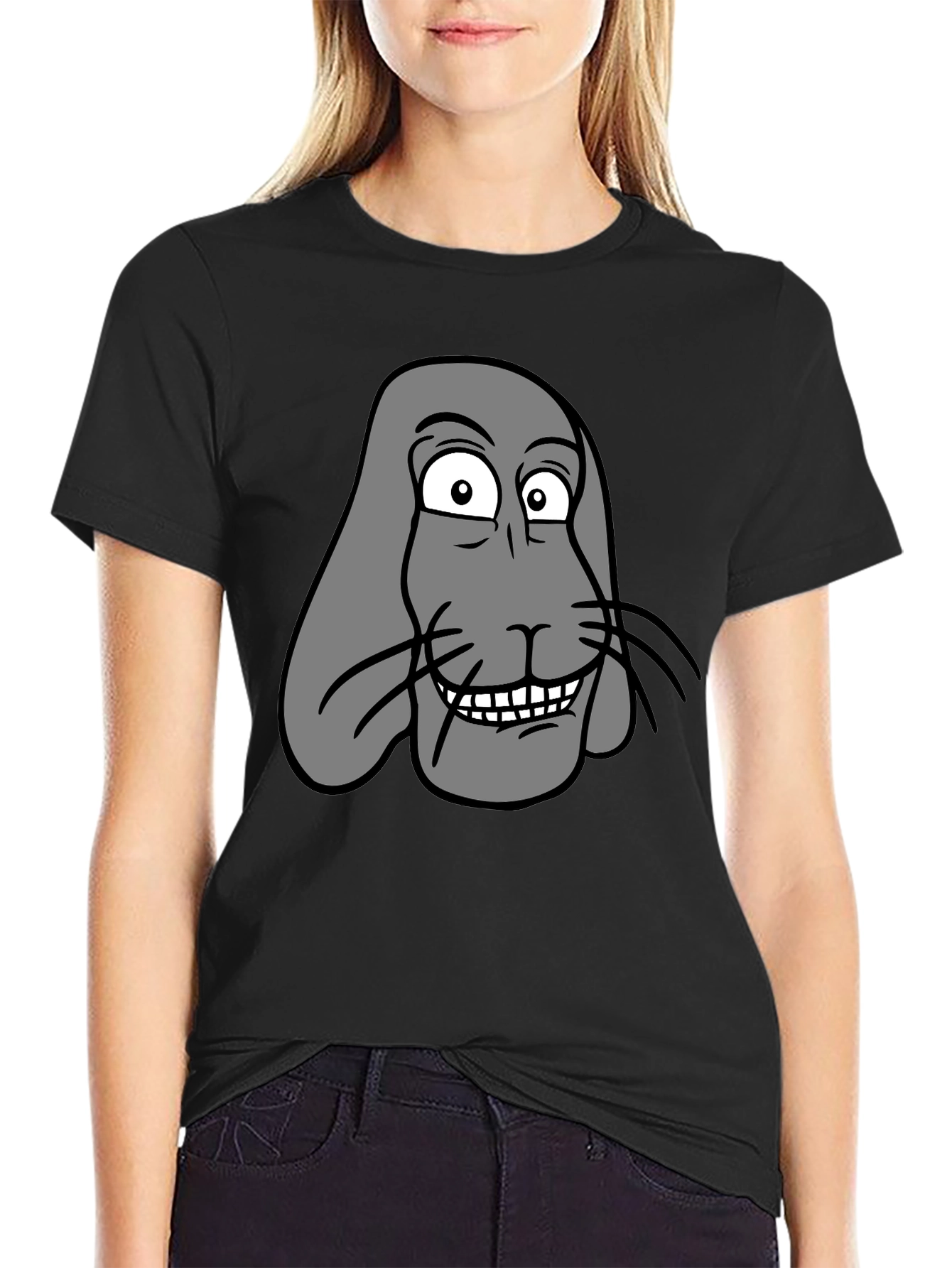 Black Funny Cartoon Animal Graphic Print Black T-Shirt view 2