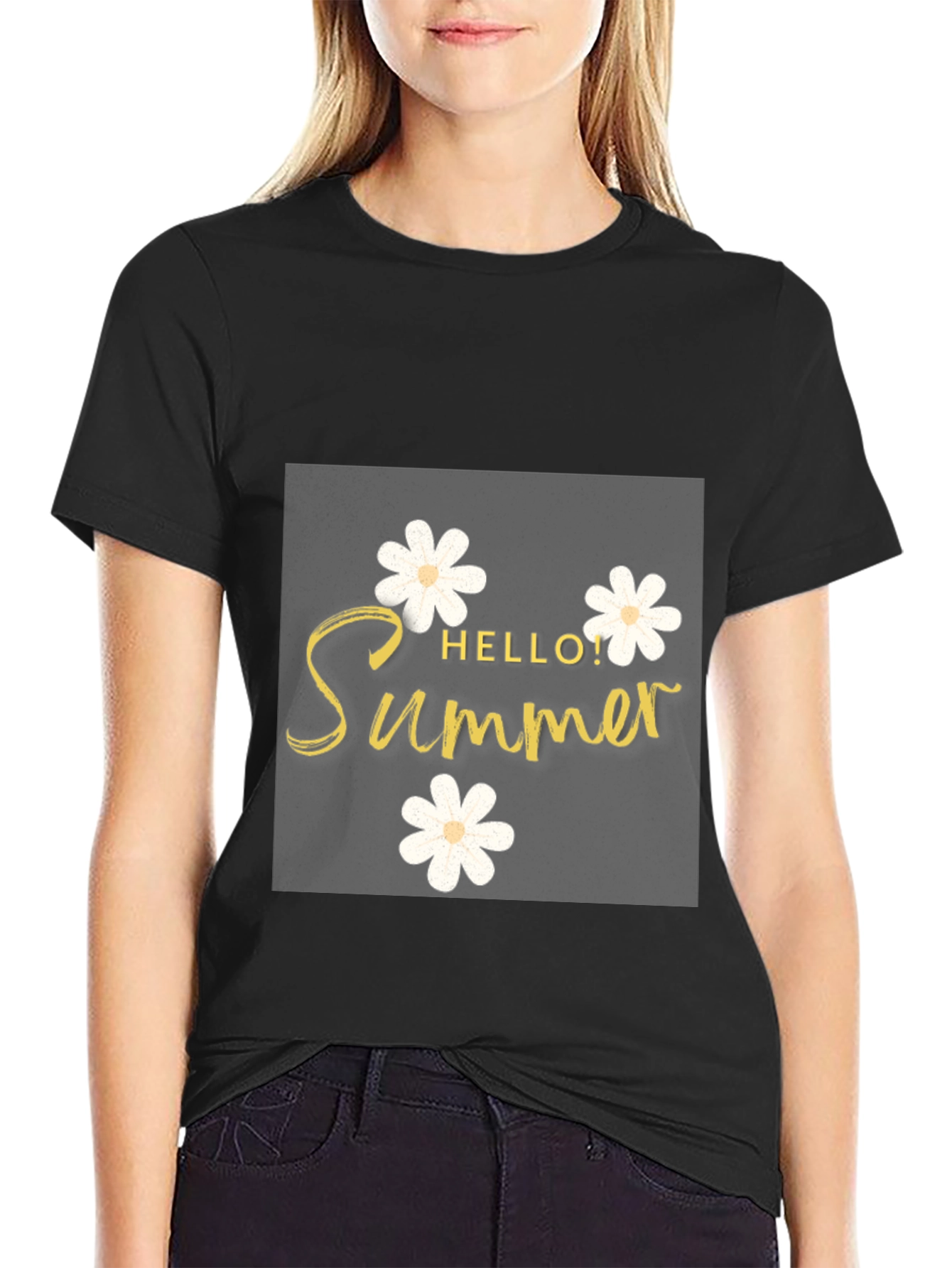 Black Hello Summer Black T-Shirt with Floral Design view 2