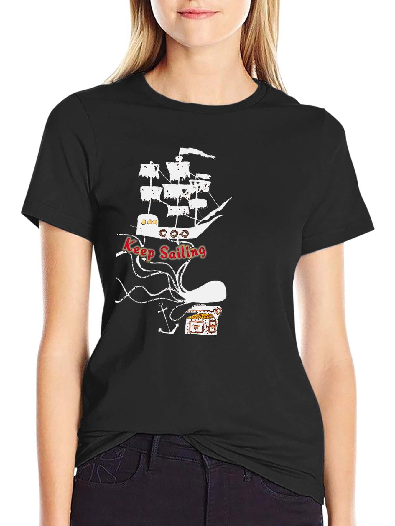 Black Keep Sailing Graphic Tee - Black Cotton T-Shirt view 2