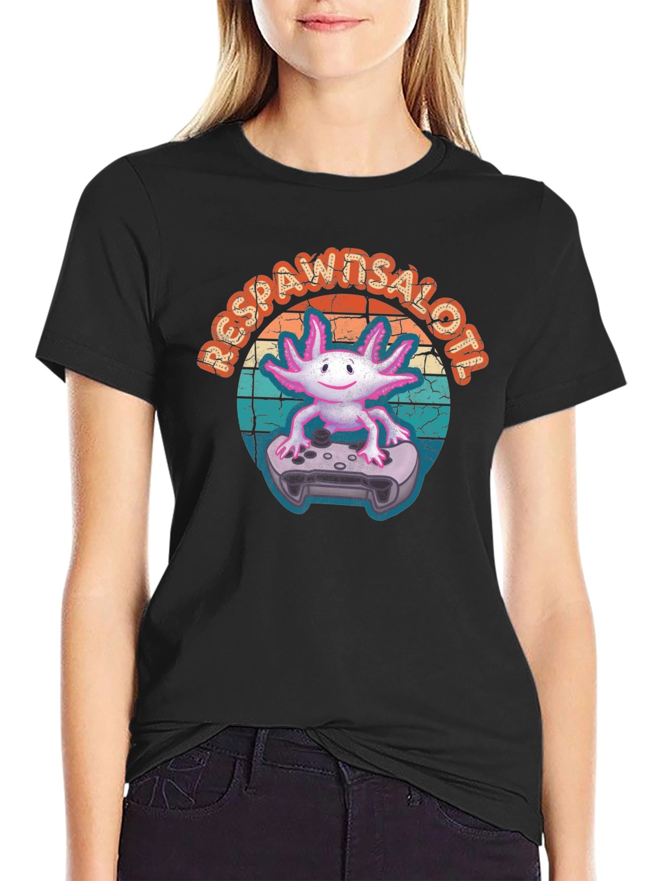 Black Respawn Axolotl Gamer T-Shirt view 2