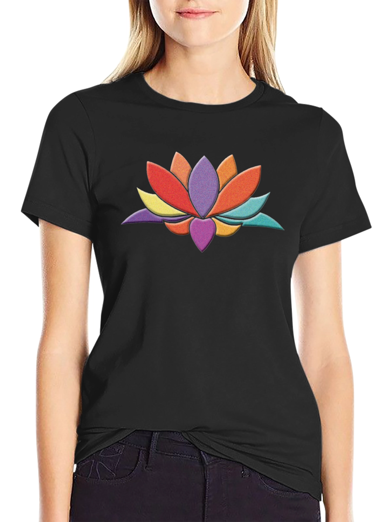 Black Colorful Lotus Flower Graphic Black T-Shirt view 2