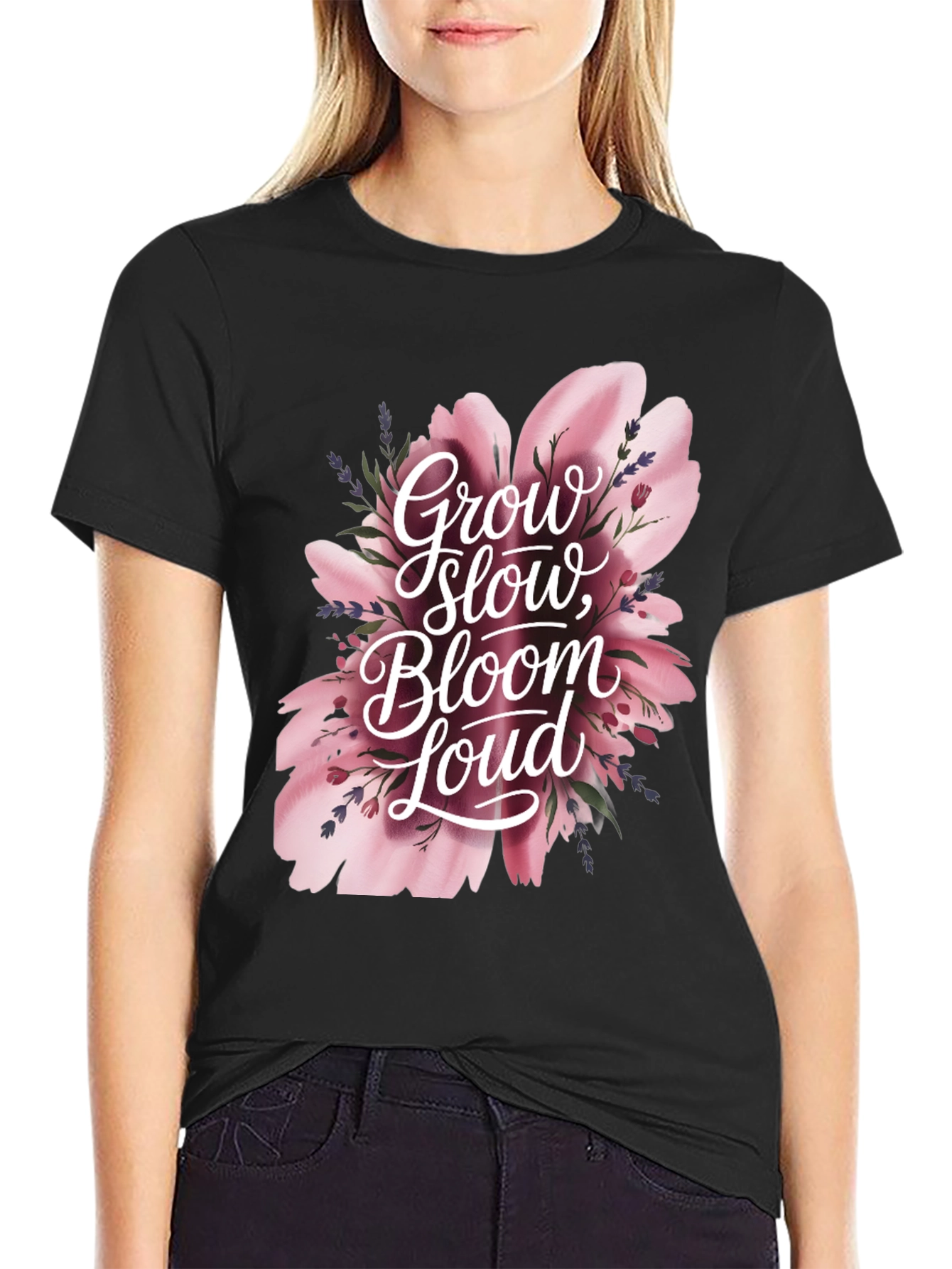 Black Grow Slow Bloom Loud Graphic Tee view 2