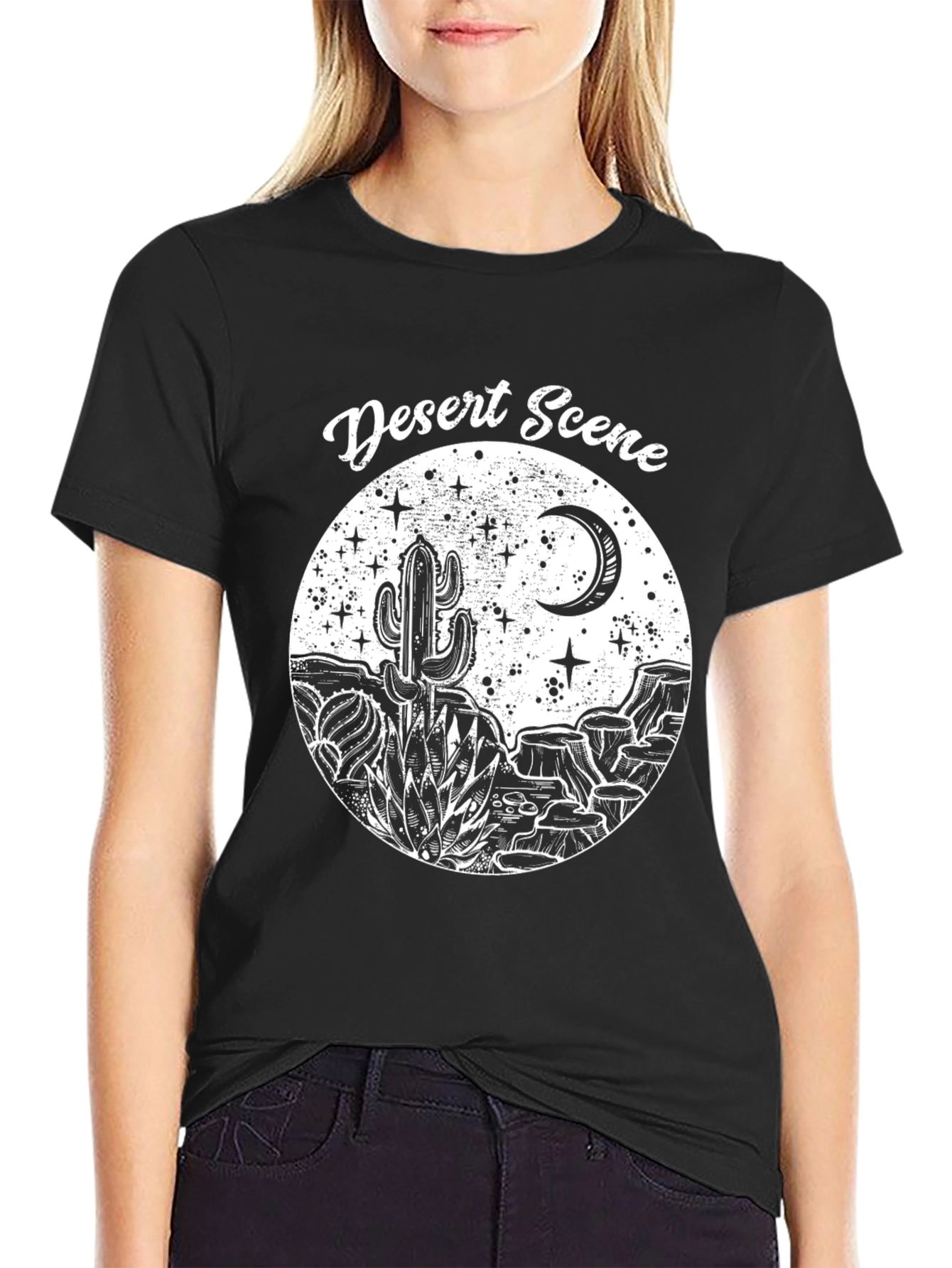 Black Desert Scene Graphic Tee - Black Cotton T-Shirt view 2
