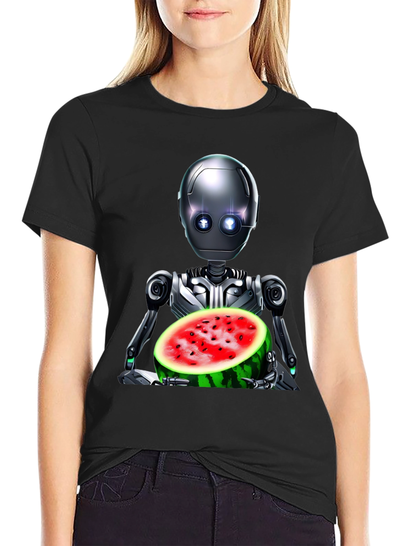 Black Robot with Watermelon Graphic Tee view 2