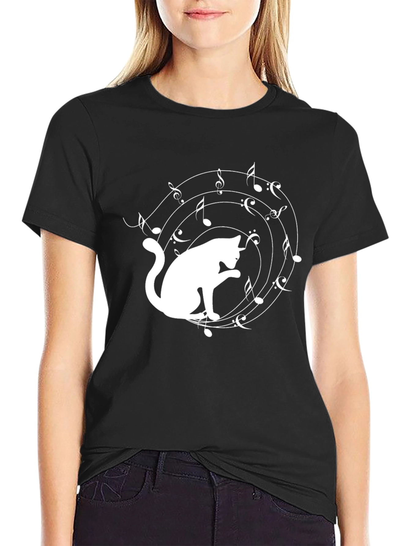 Black Cat Music Lover T-Shirt - Black Cotton Tee view 2