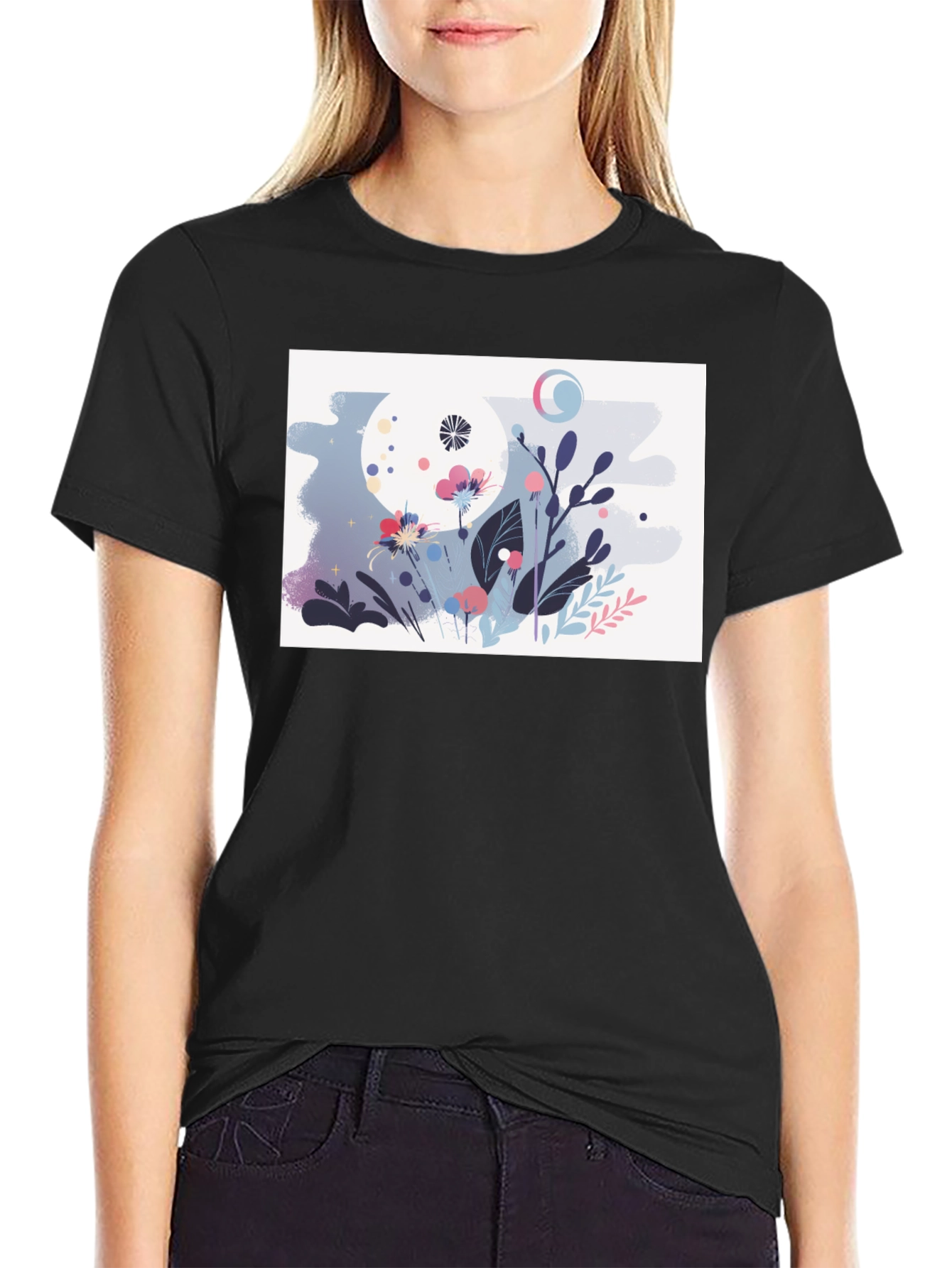 Black Floral Moon Graphic Black T-Shirt view 2