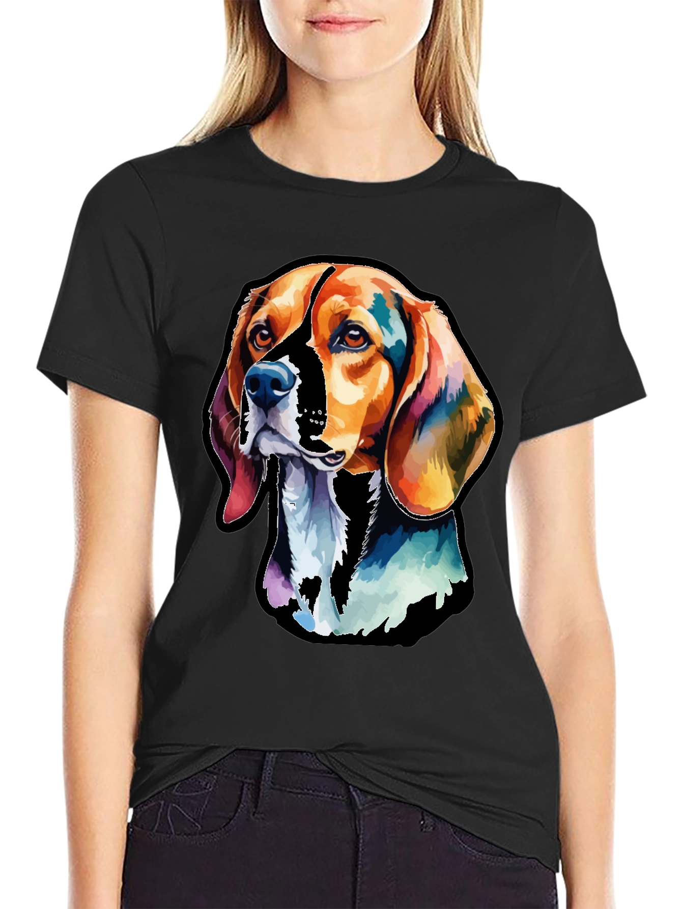 Black Colorful Beagle Dog Graphic T-Shirt view 2