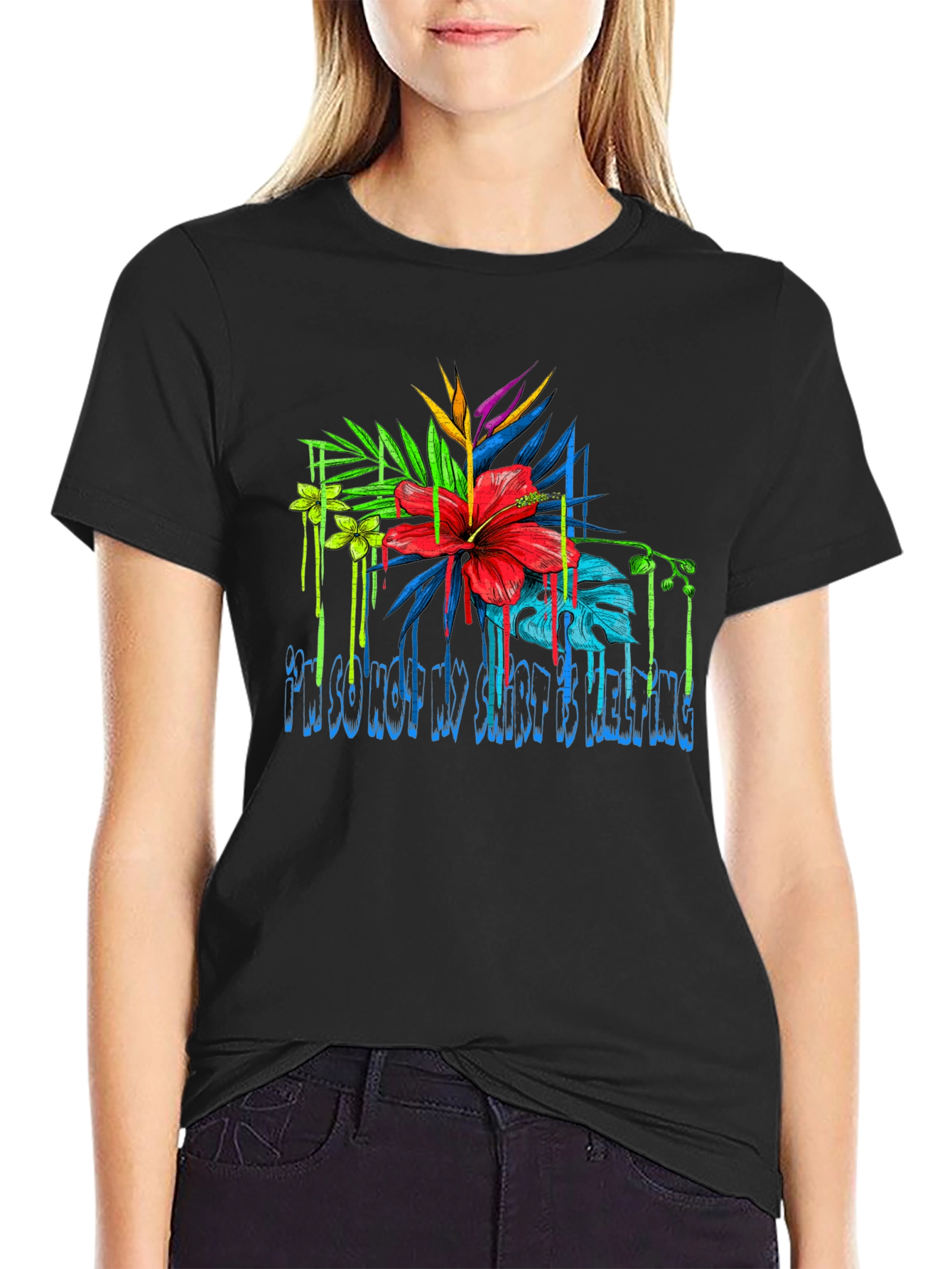 Black Tropical Floral Graphic Tee - 'I'm So Hot My Shirt Is Melting' view 2