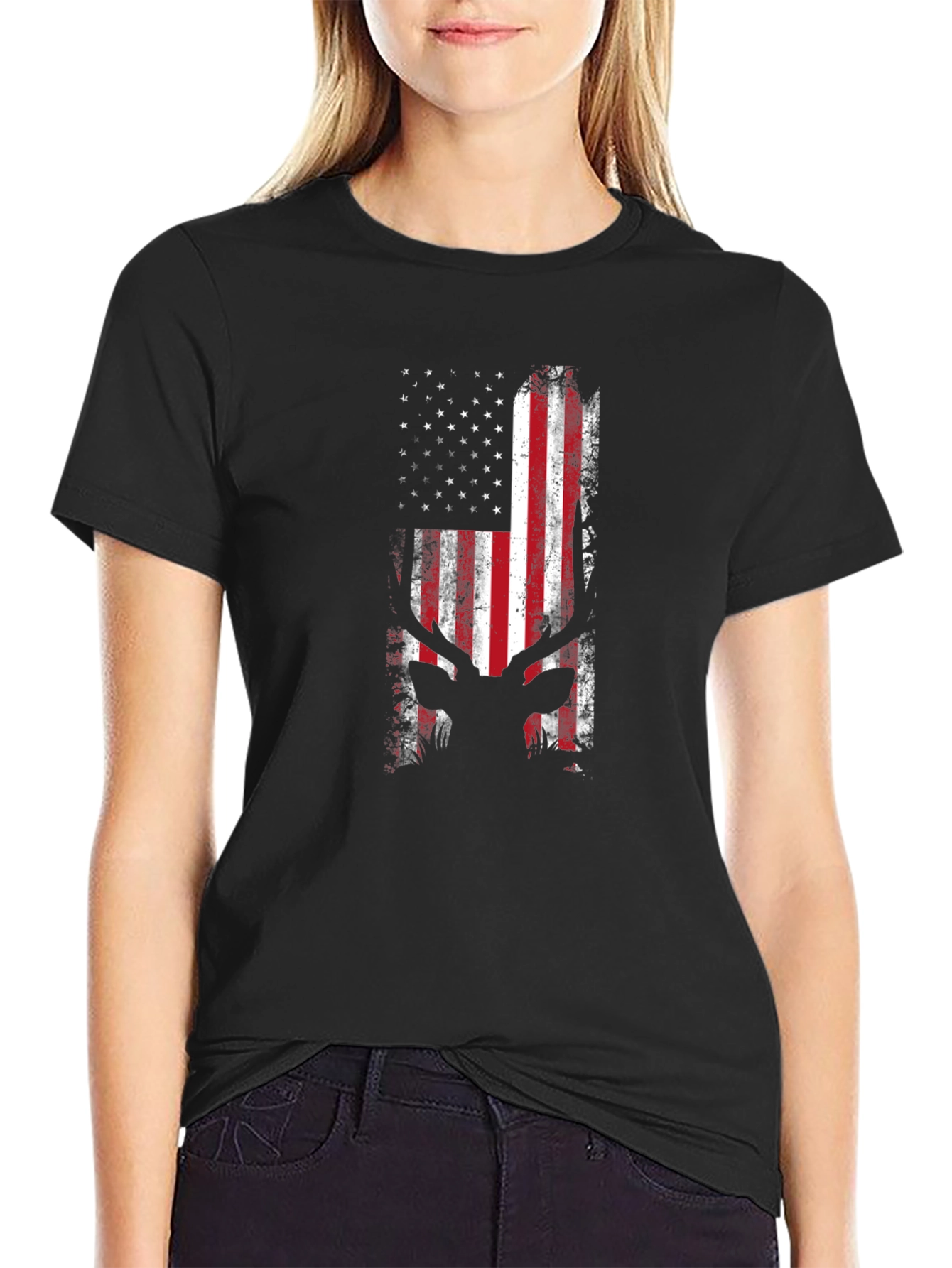 Black American Flag Deer Silhouette T-Shirt view 2