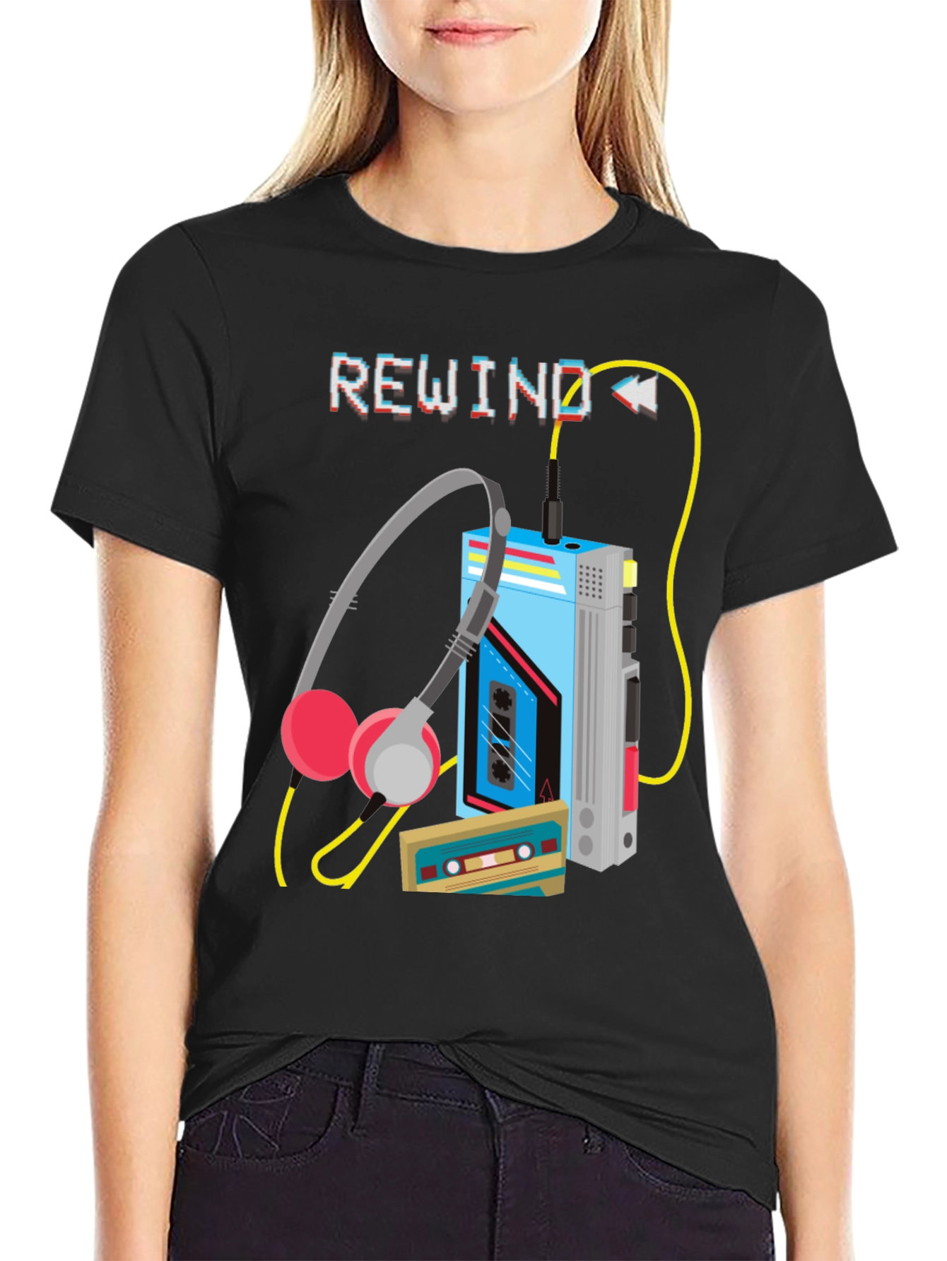 Black Rewind Cassette Player Graphic T-Shirt view 2