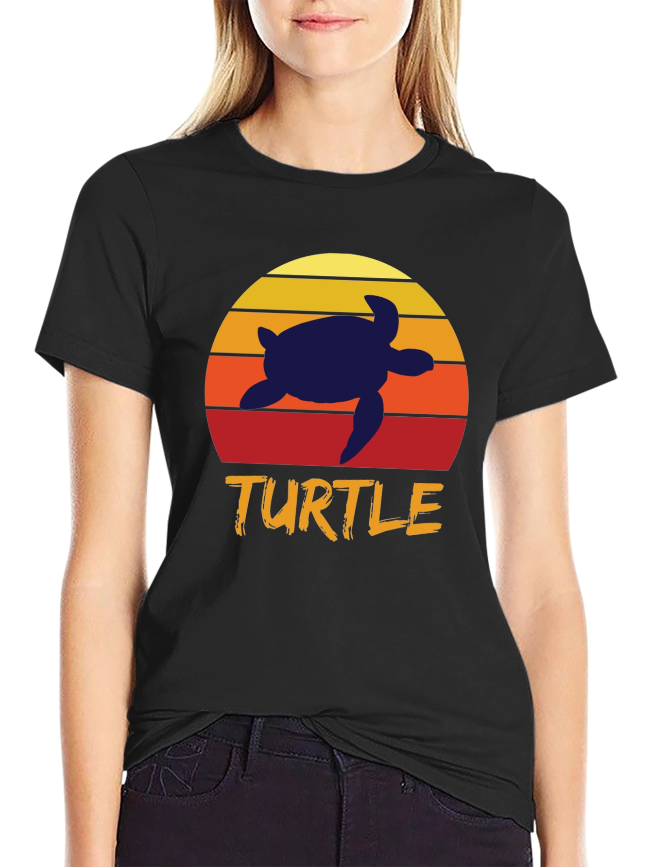 Black Retro Turtle T-Shirt - Sunset Silhouette Tee view 2