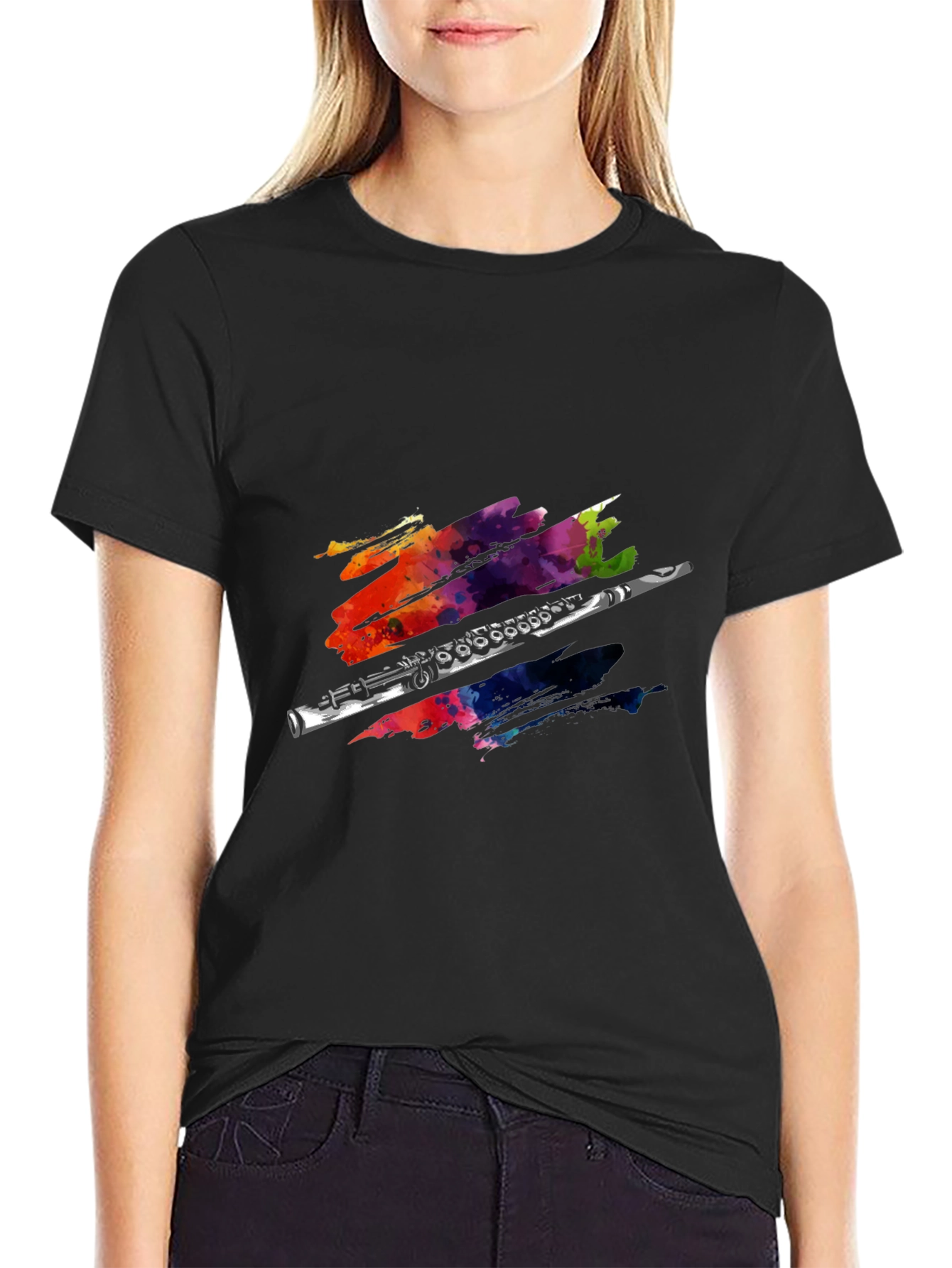 Black Flute Watercolor Graphic Print T-Shirt view 2