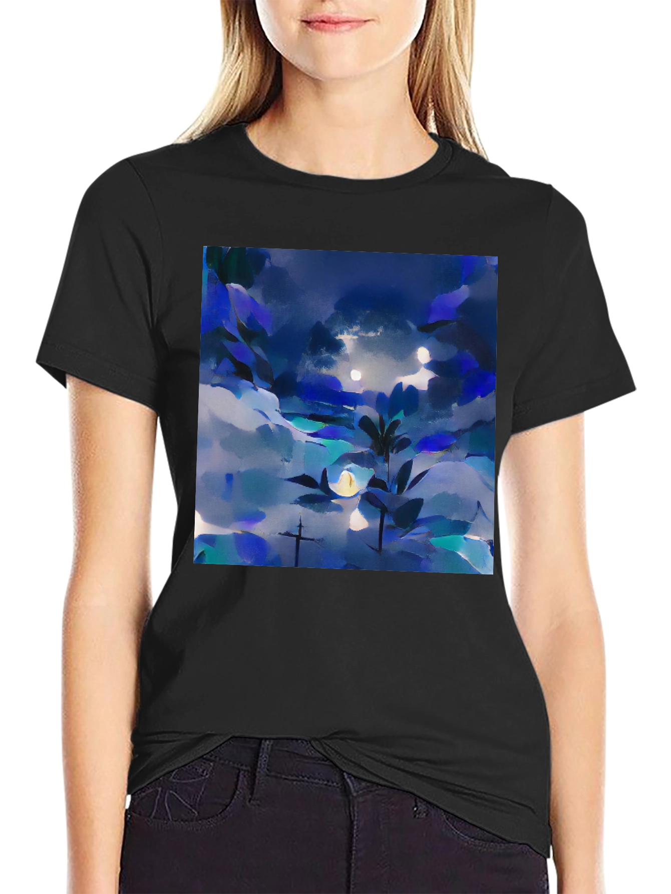 Black Abstract Nightscape Graphic Tee - Black Unisex T-Shirt view 2