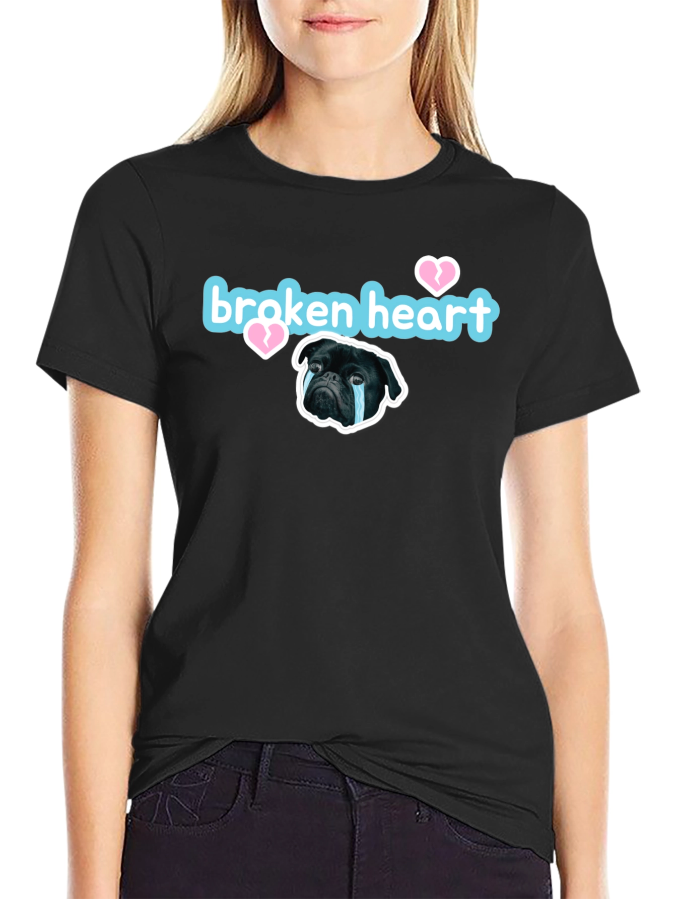 Black Broken Heart Pug Graphic Tee - Black Short Sleeve view 2