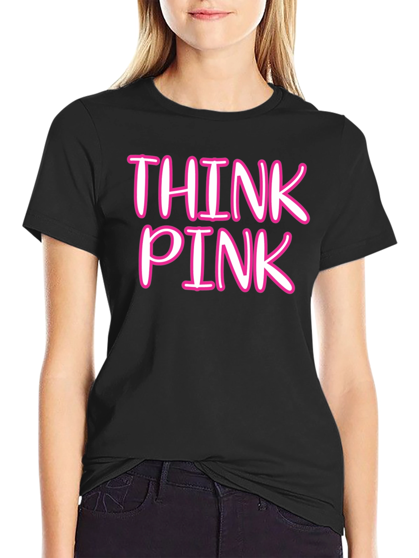 Black Think Pink Crew Neck Tee view 2